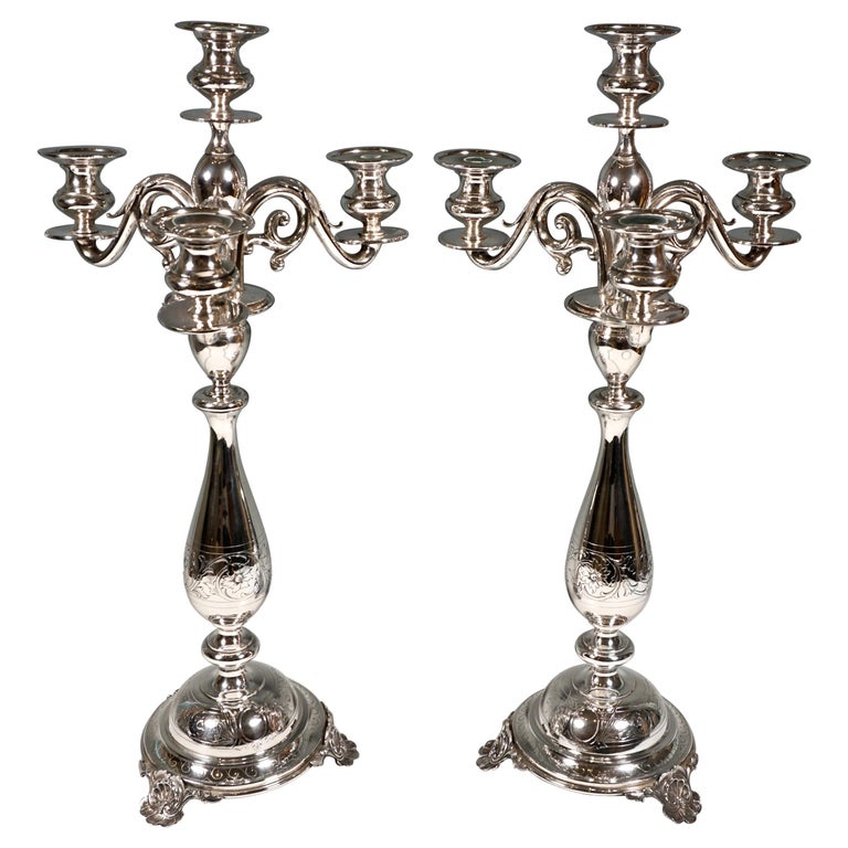Pair of Tall Viennese Silver Art Nouveau 4-Flame Candelabras by Eberl & Co, 1920 For Sale