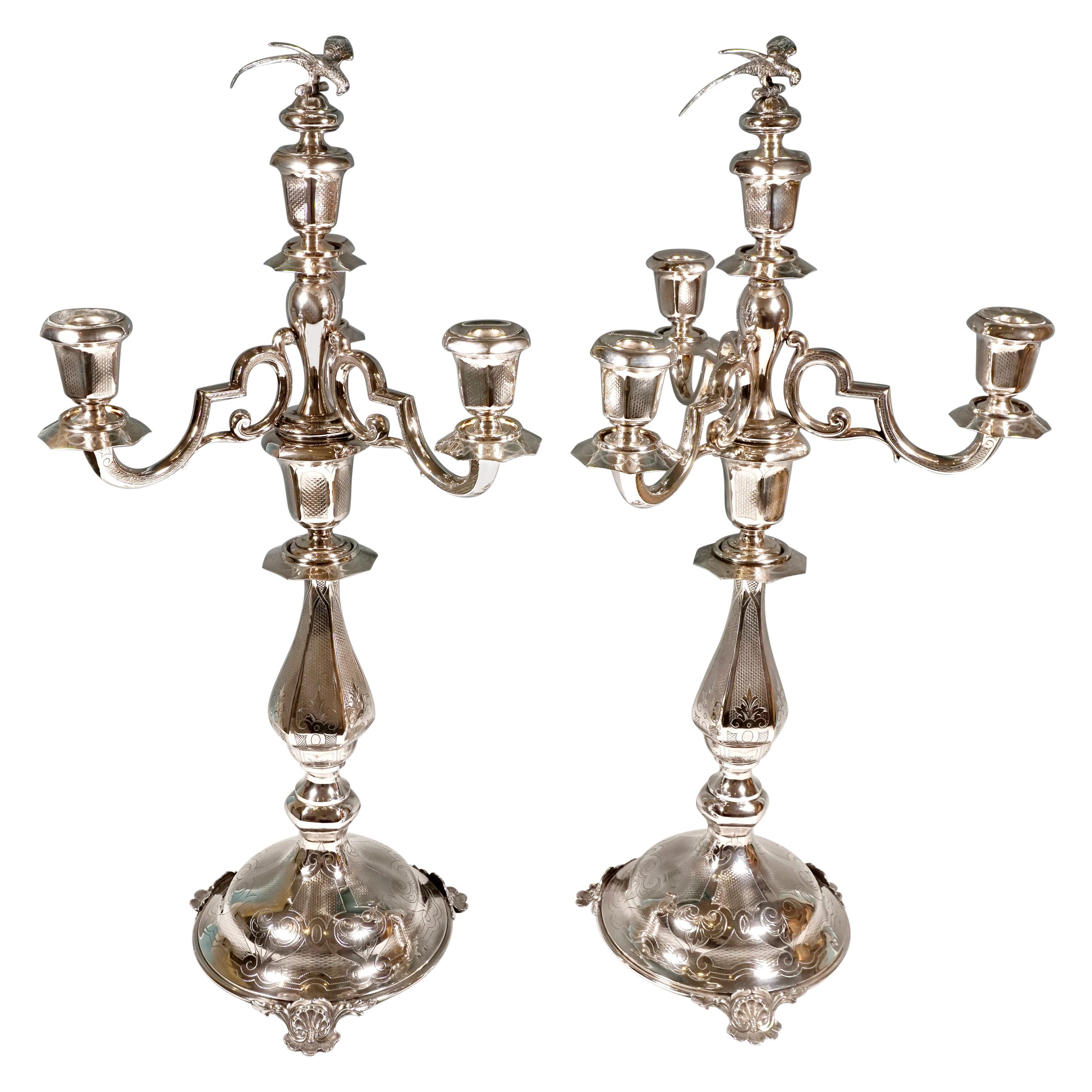 Pair of Tall Viennese Silver Art Nouveau 4-Flame Candelabras by Eberl & Co, 1920