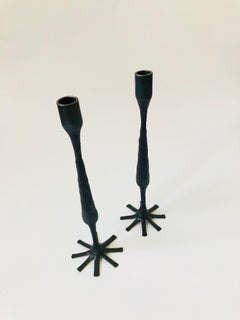 Pair of Tall Vintage Brutalist Cast Iron Candle Holders