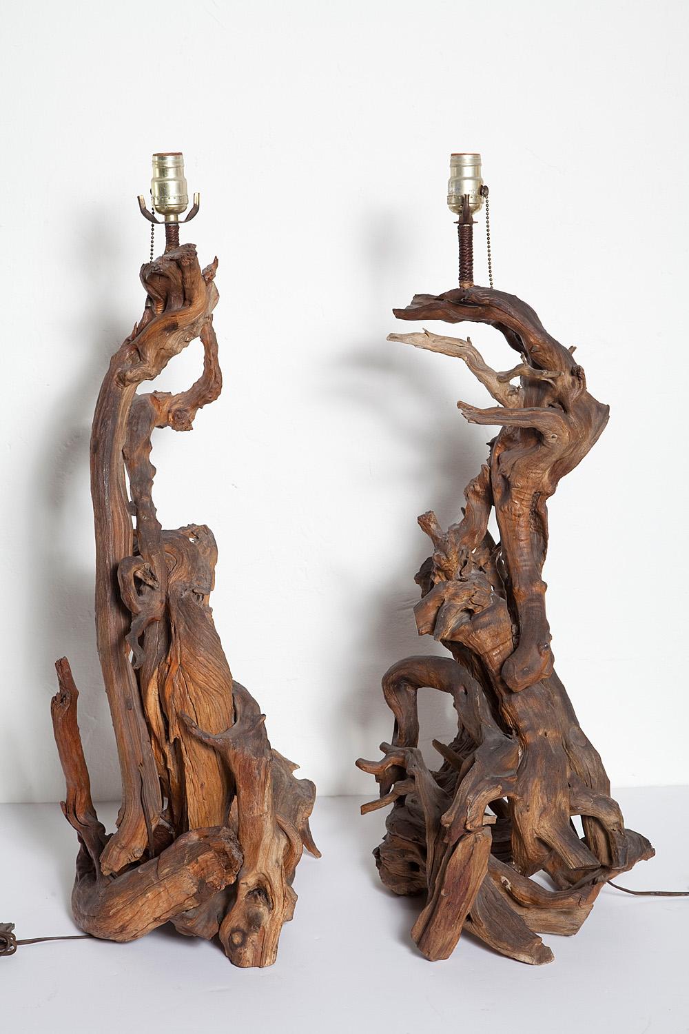 Organic Modern Pair of Tall Vintage Driftwood Lamps