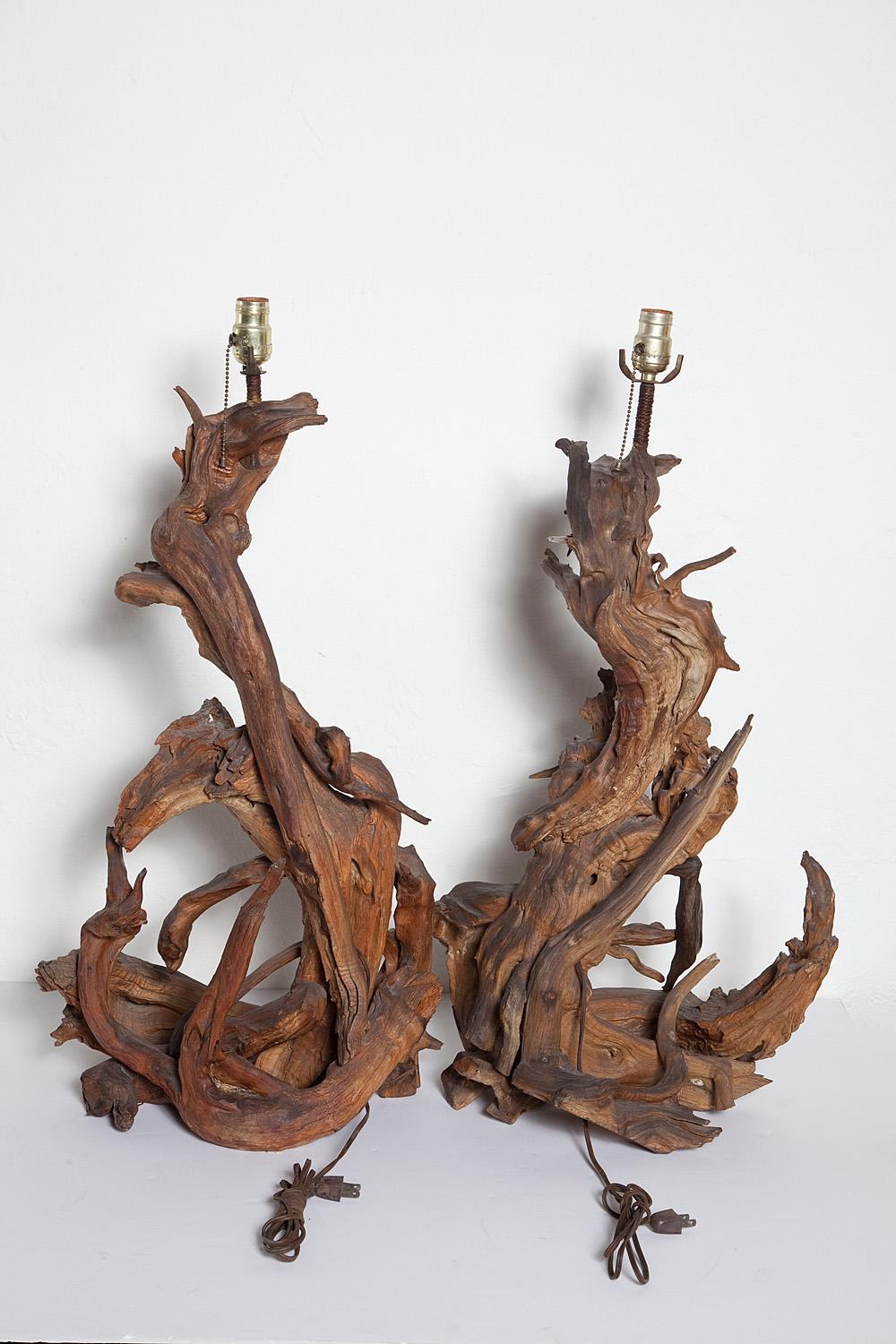 American Pair of Tall Vintage Driftwood Lamps