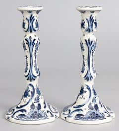 Pair of Tall Vintage Dutch Delft Faience Floral Candlesticks