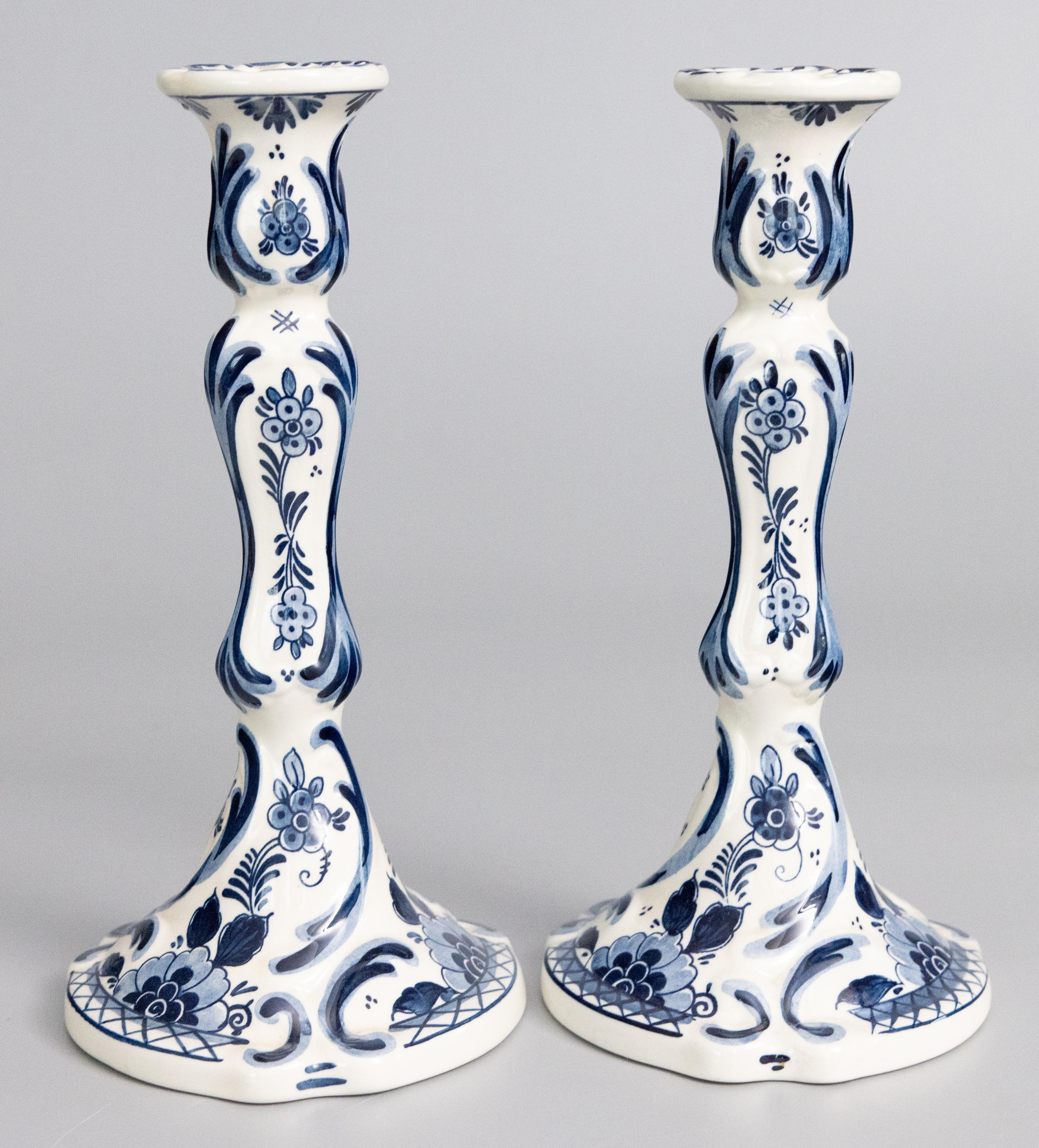 Hand-Painted Pair of Tall Vintage Dutch Delft Faience Floral Candlesticks