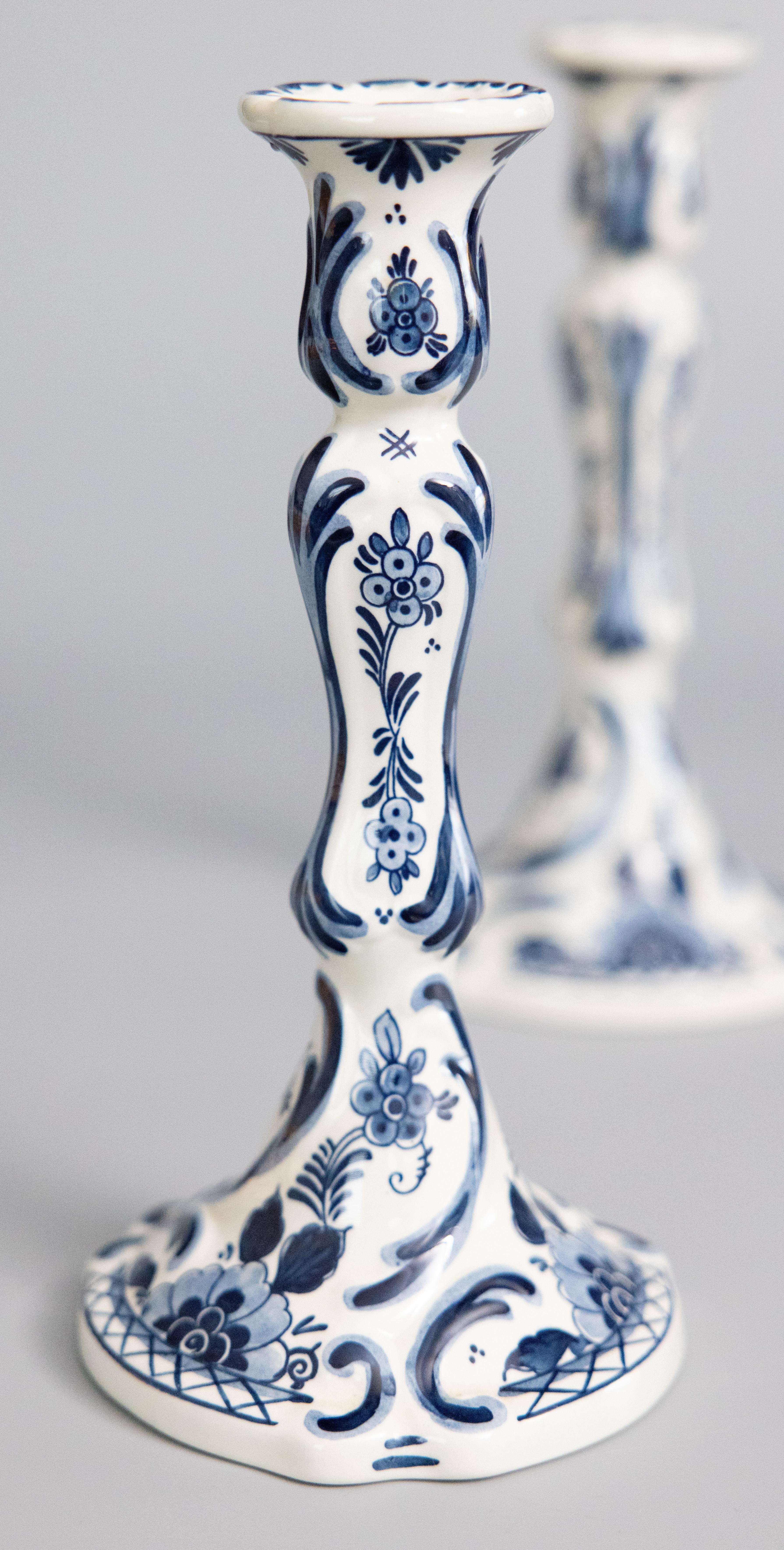 Pair of Tall Vintage Dutch Delft Faience Floral Candlesticks In Good Condition In Pearland, TX
