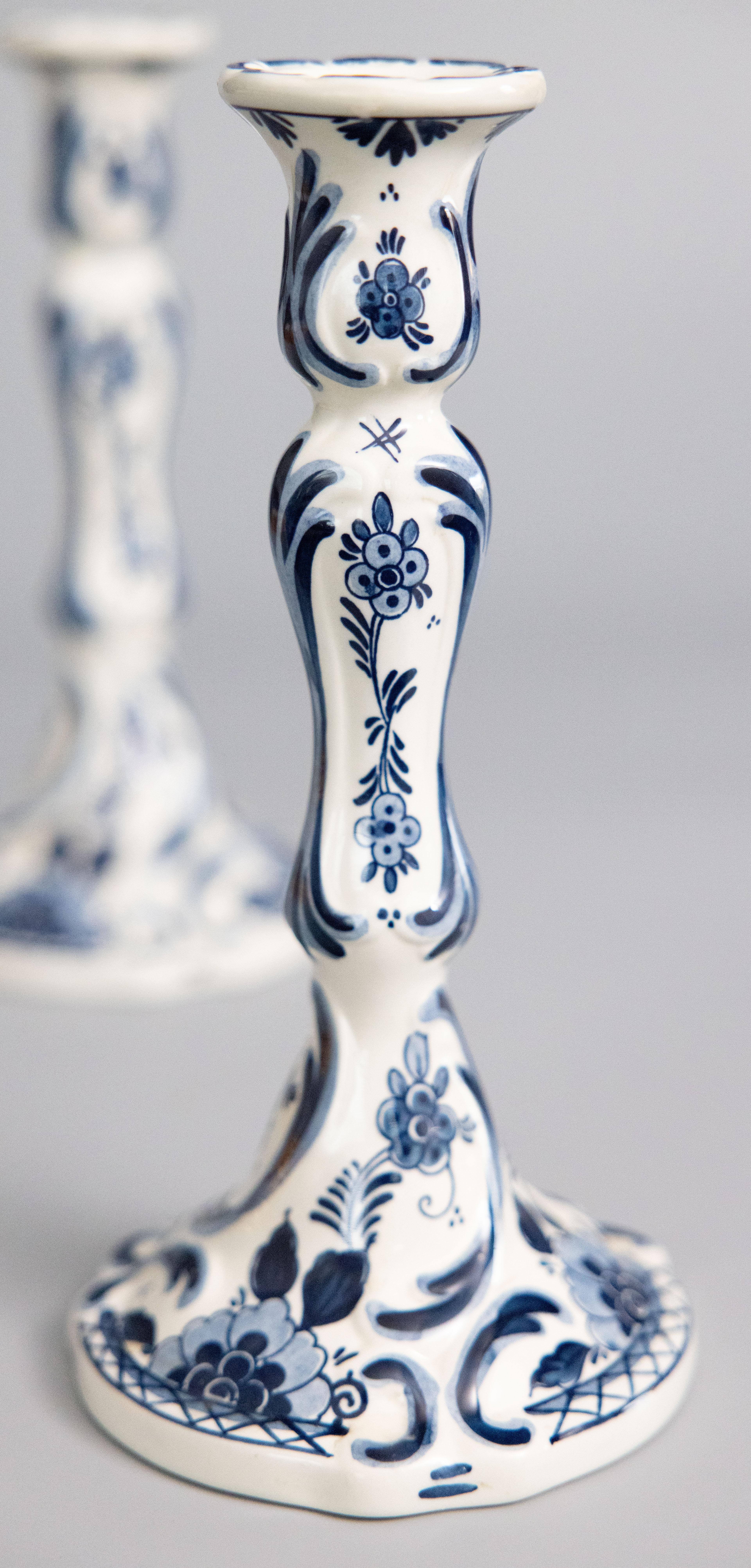 20th Century Pair of Tall Vintage Dutch Delft Faience Floral Candlesticks