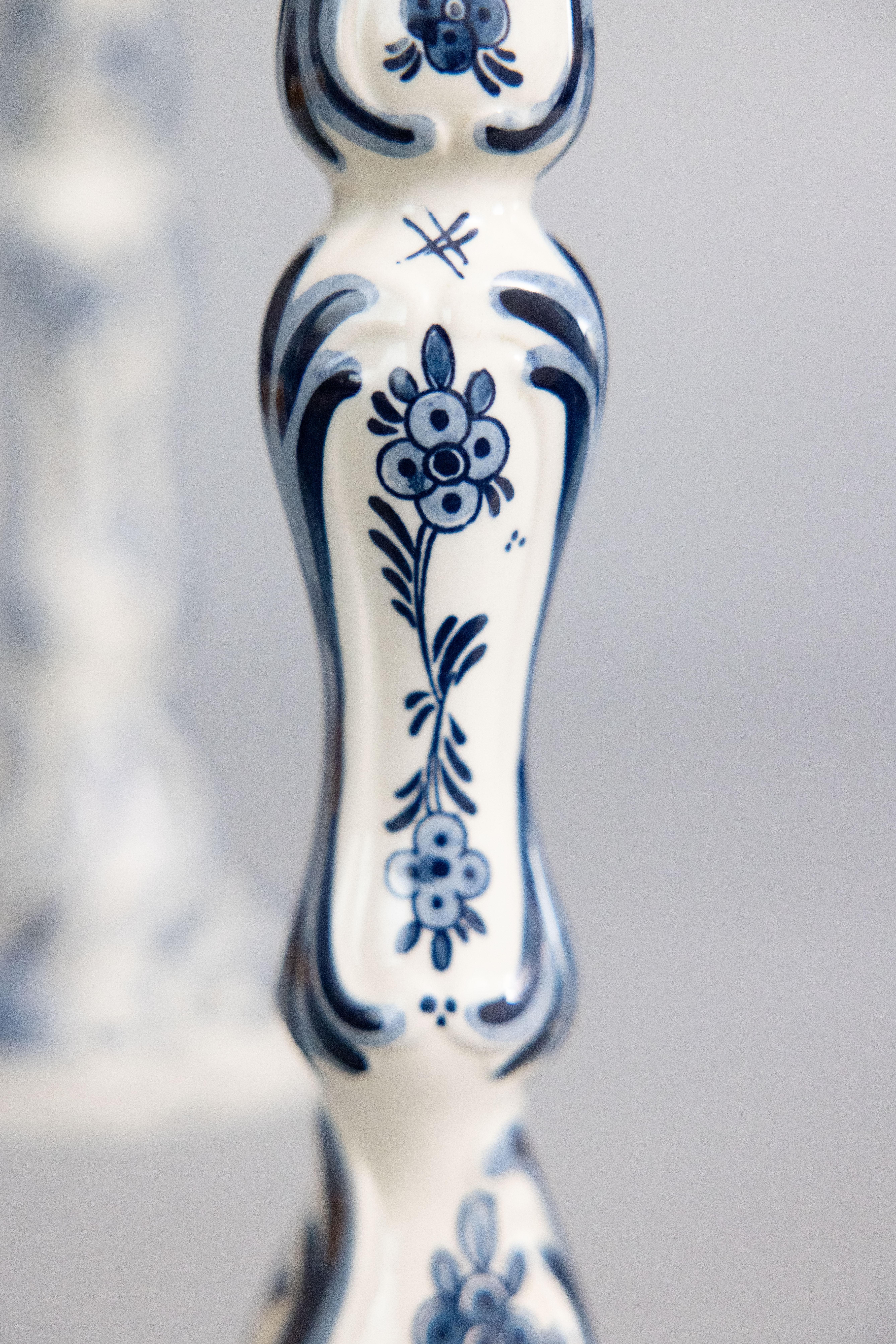Pair of Tall Vintage Dutch Delft Faience Floral Candlesticks 2