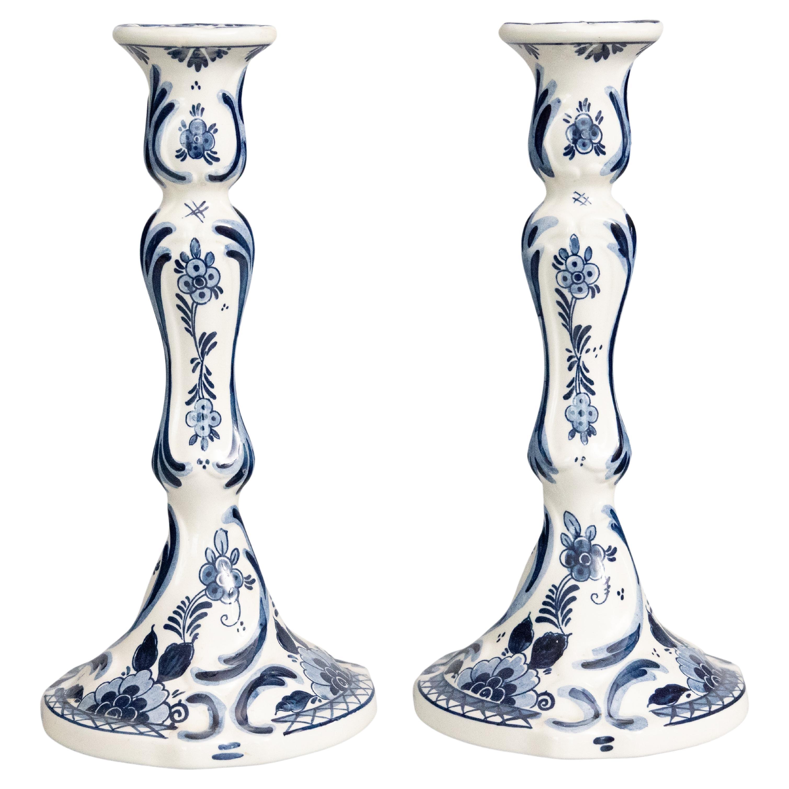Pair of Tall Vintage Dutch Delft Faience Floral Candlesticks