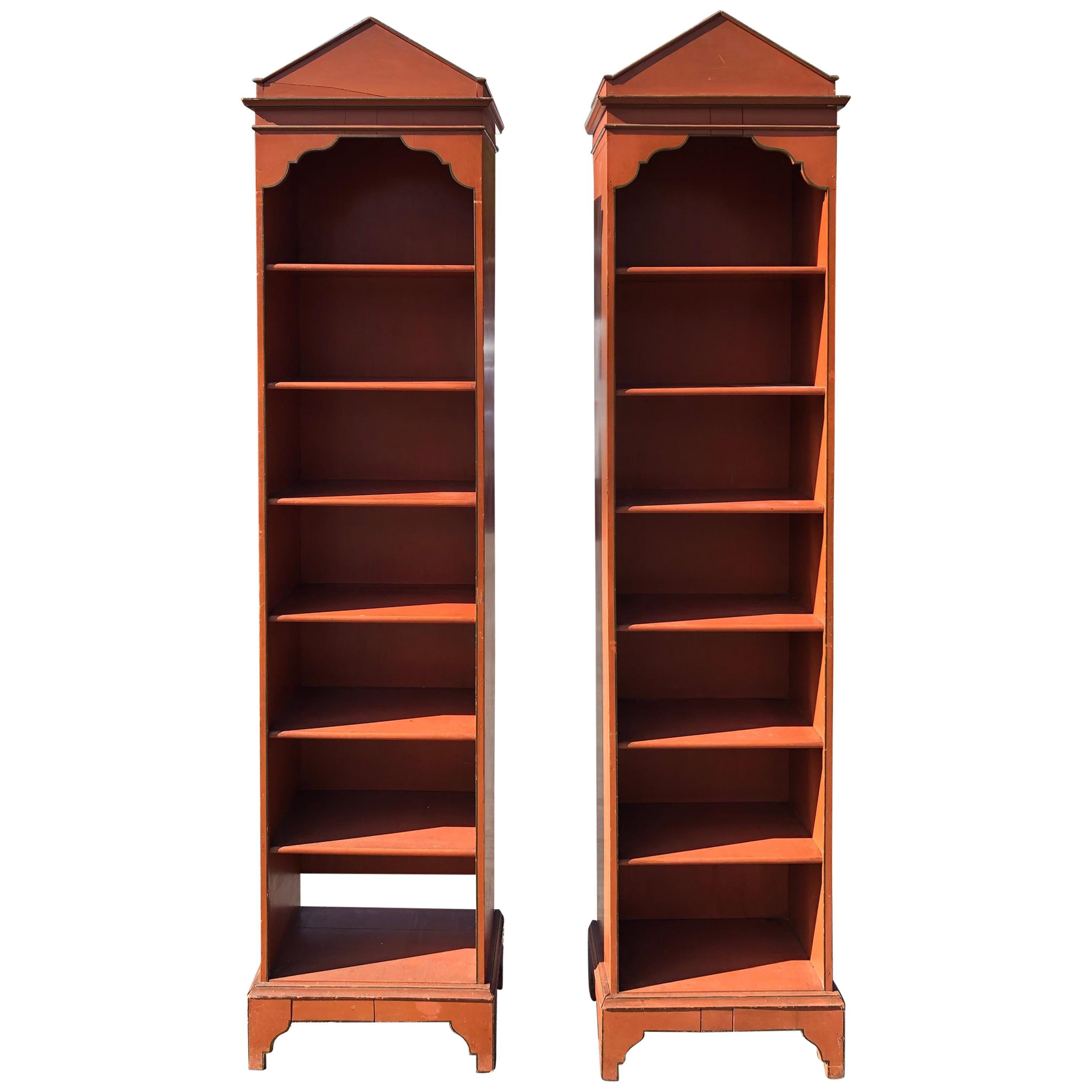 Pair of Tall Vintage English Painted Terracotta Wood Étagère Bookshelves