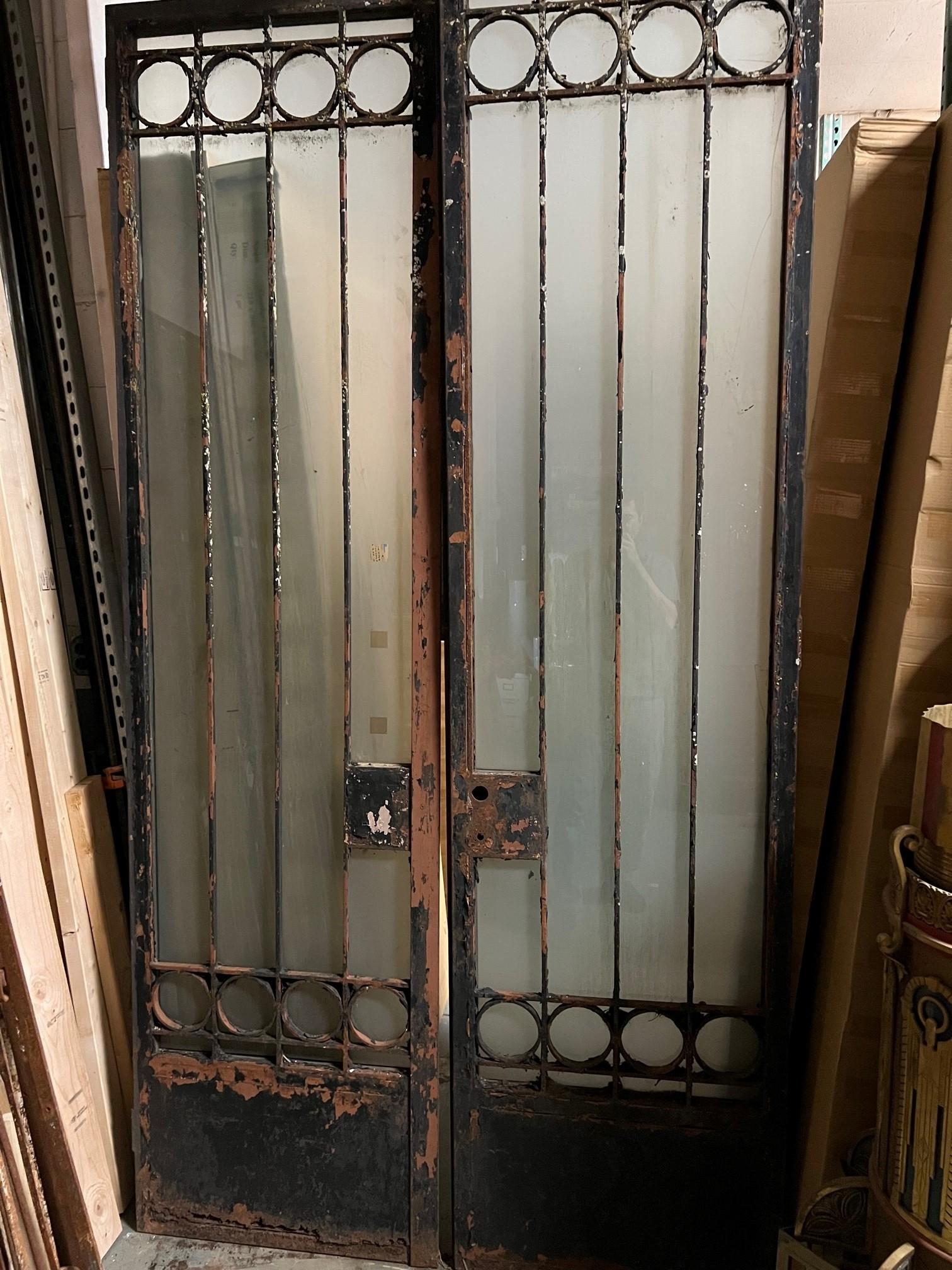 Pair of Tall Vintage Iron Doors with Frosted Glass  For Sale 4