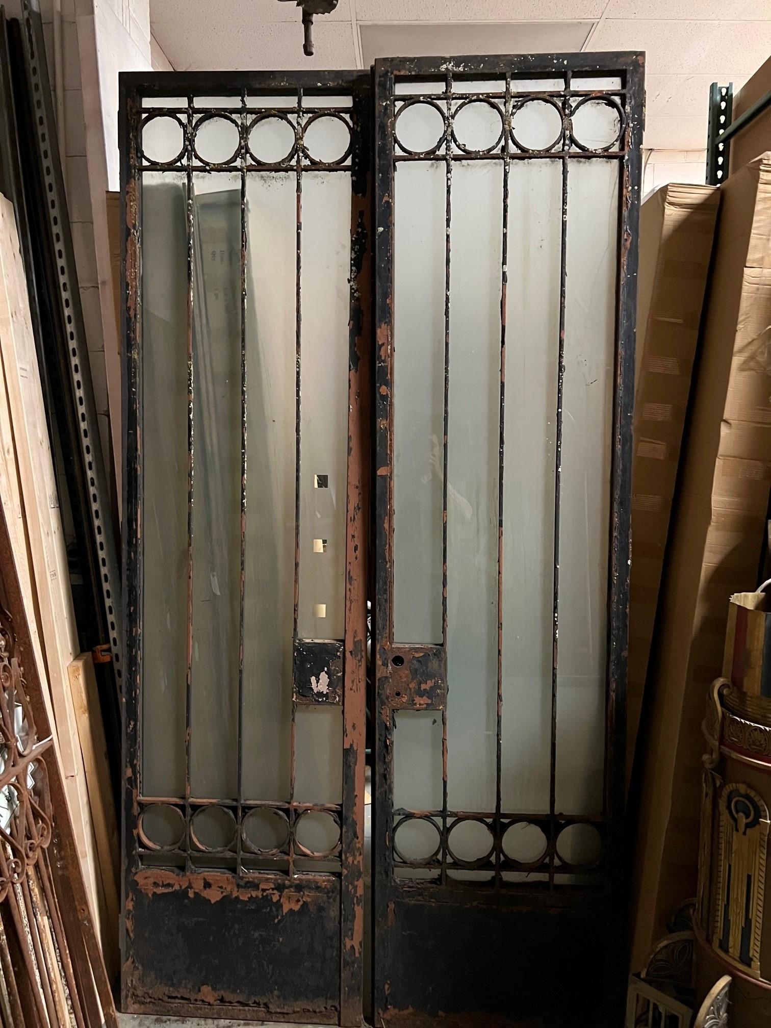 Pair of Tall Vintage Iron Doors with Frosted Glass  For Sale 3