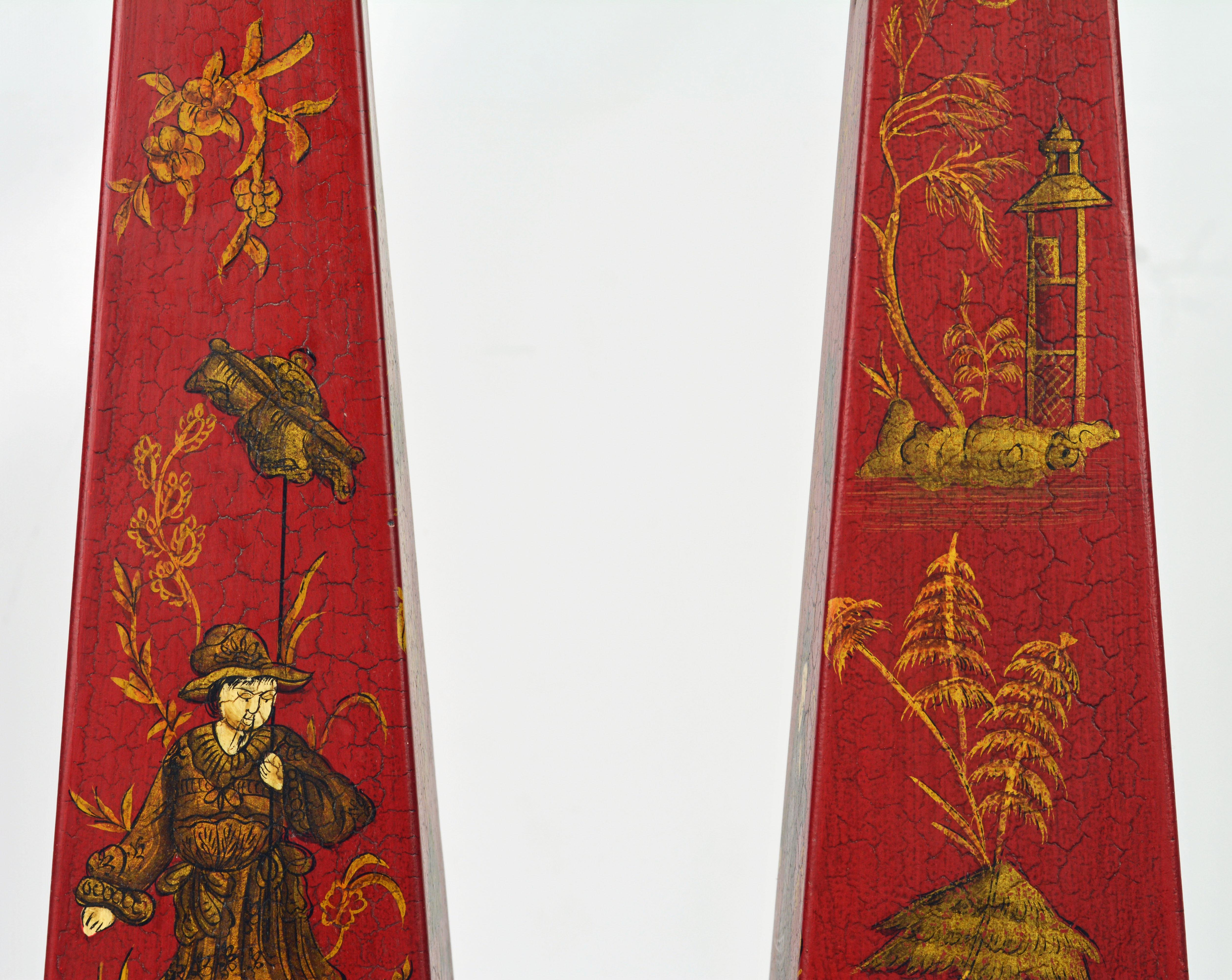 Gilt Pair of Tall Vintage Italian Chinoiserie Painted Tole Obelisk Models