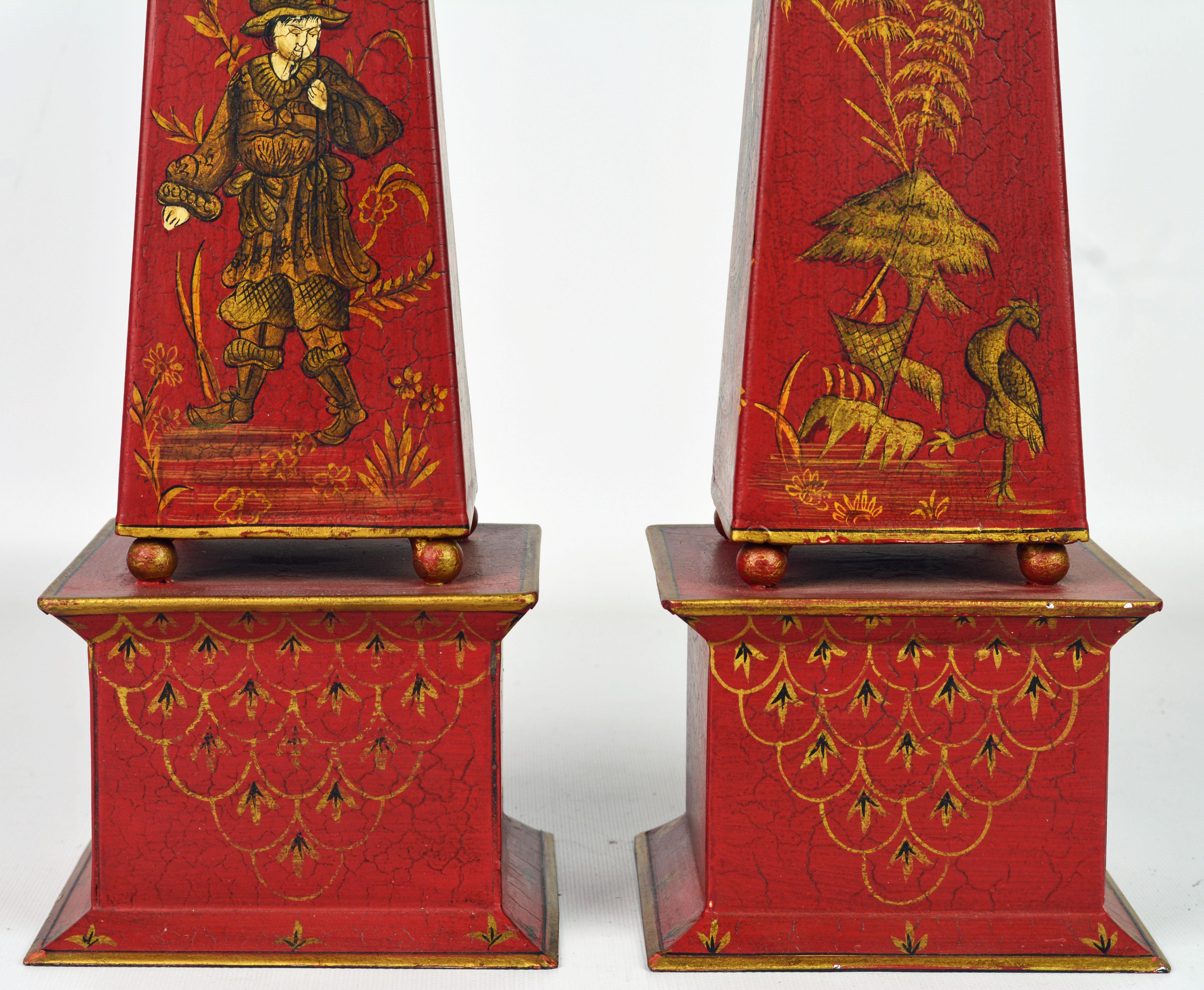Pair of Tall Vintage Italian Chinoiserie Painted Tole Obelisk Models In Good Condition In Ft. Lauderdale, FL