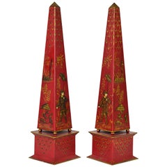 Pair of Tall Vintage Italian Chinoiserie Painted Tole Obelisk Models