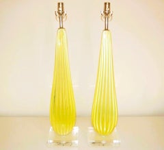 Pair of Tall Vintage Murano Opaline Glass Table Lamps in Lemon Yellow