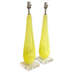 Pair of Tall Vintage Murano Opaline Glass Table Lamps in Lemon Yellow
