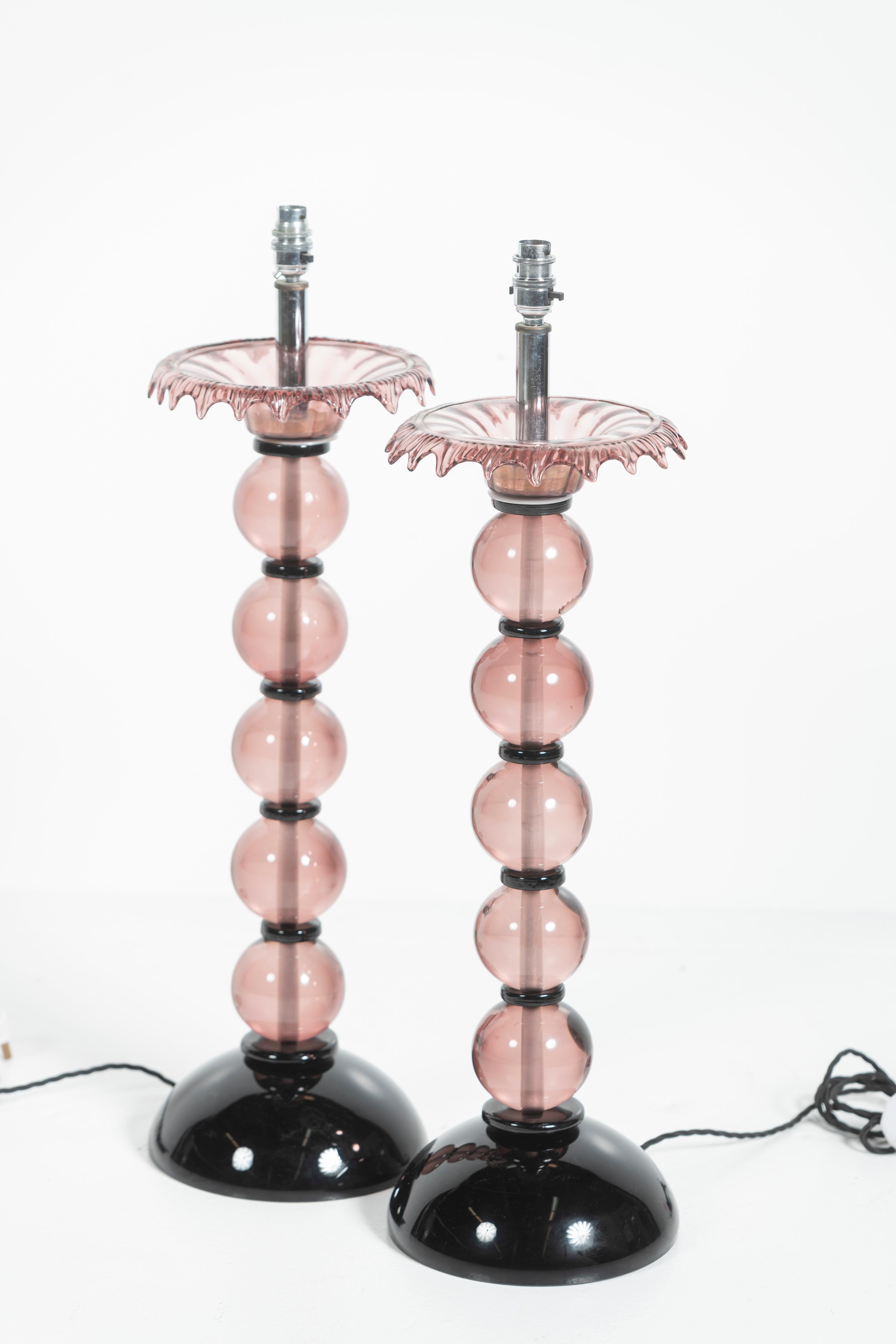 Mid-Century Modern Pair of Tall Vintage Pink and Black Italian Glass Table Lamps For Sale