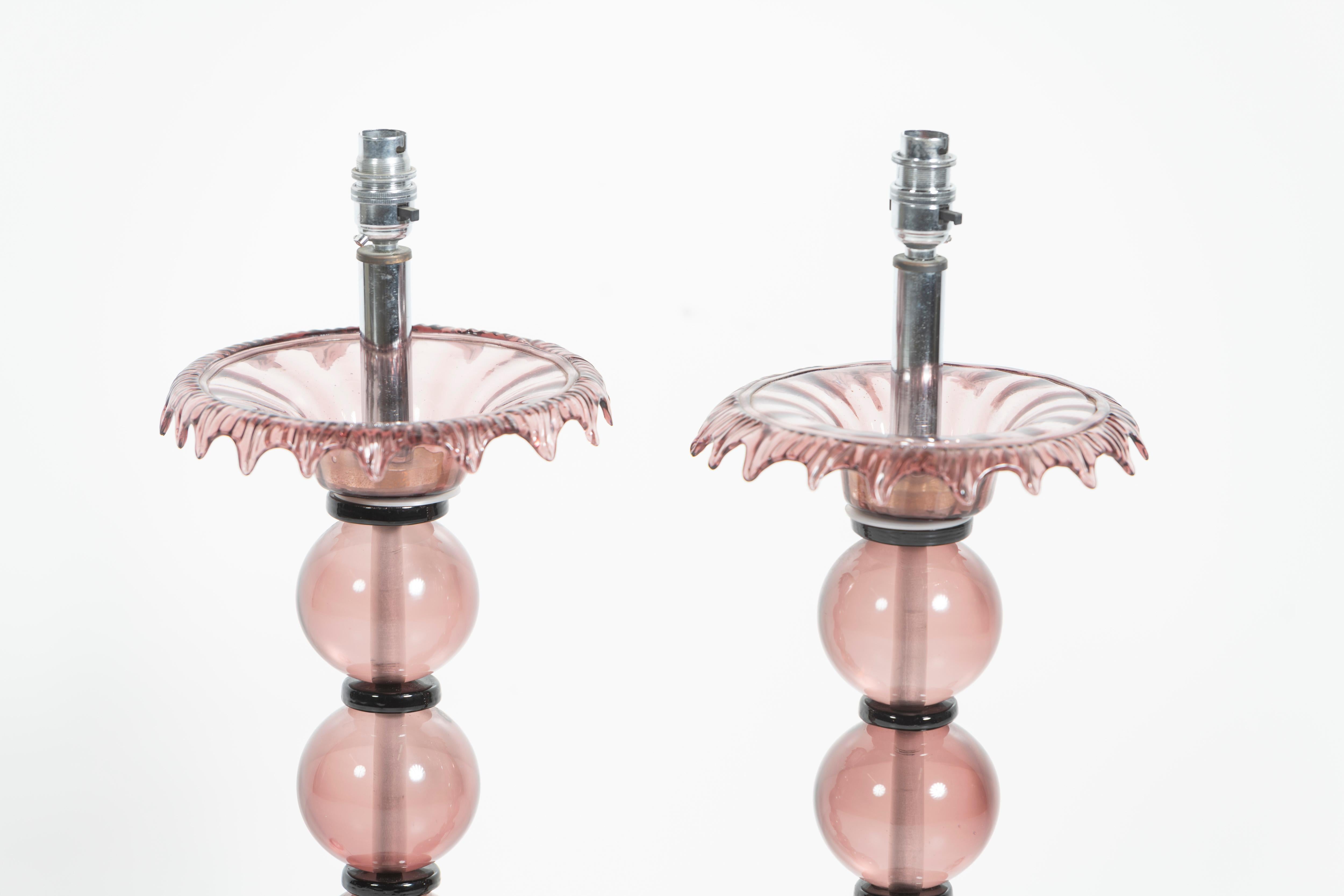 Pair of Tall Vintage Pink and Black Italian Glass Table Lamps In Good Condition For Sale In San Francisco, CA