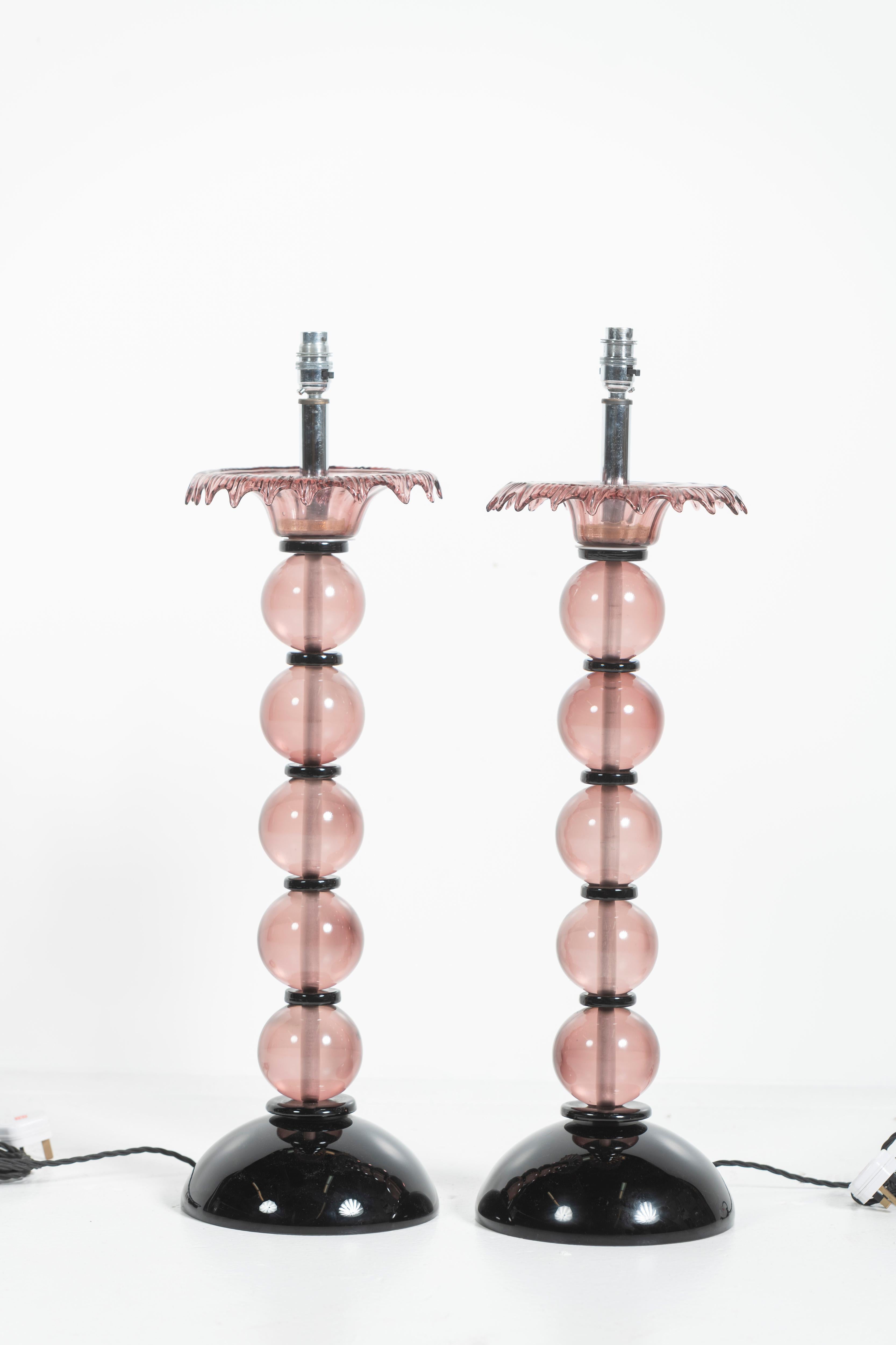 20th Century Pair of Tall Vintage Pink and Black Italian Glass Table Lamps For Sale
