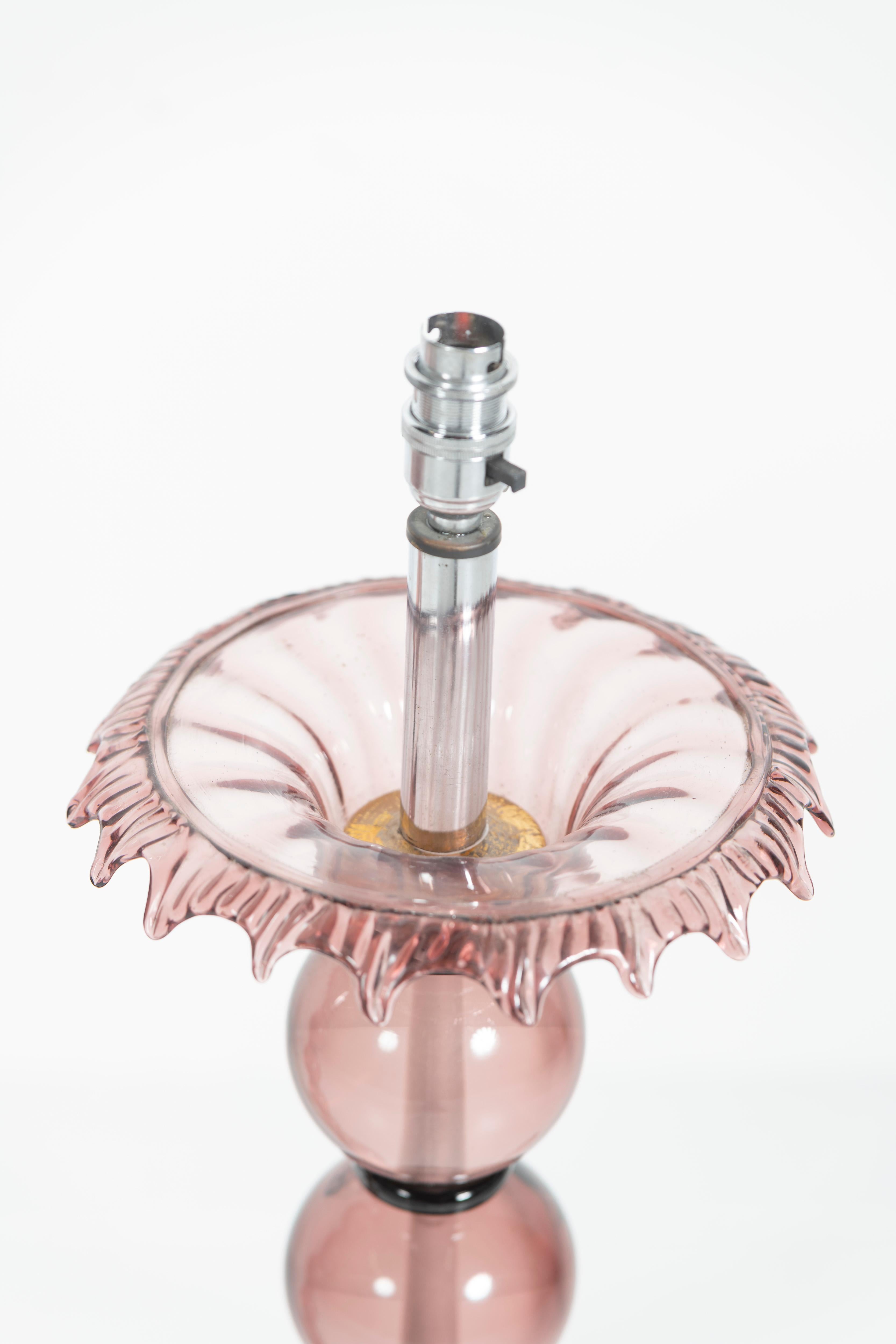 Pair of Tall Vintage Pink and Black Italian Glass Table Lamps For Sale 1