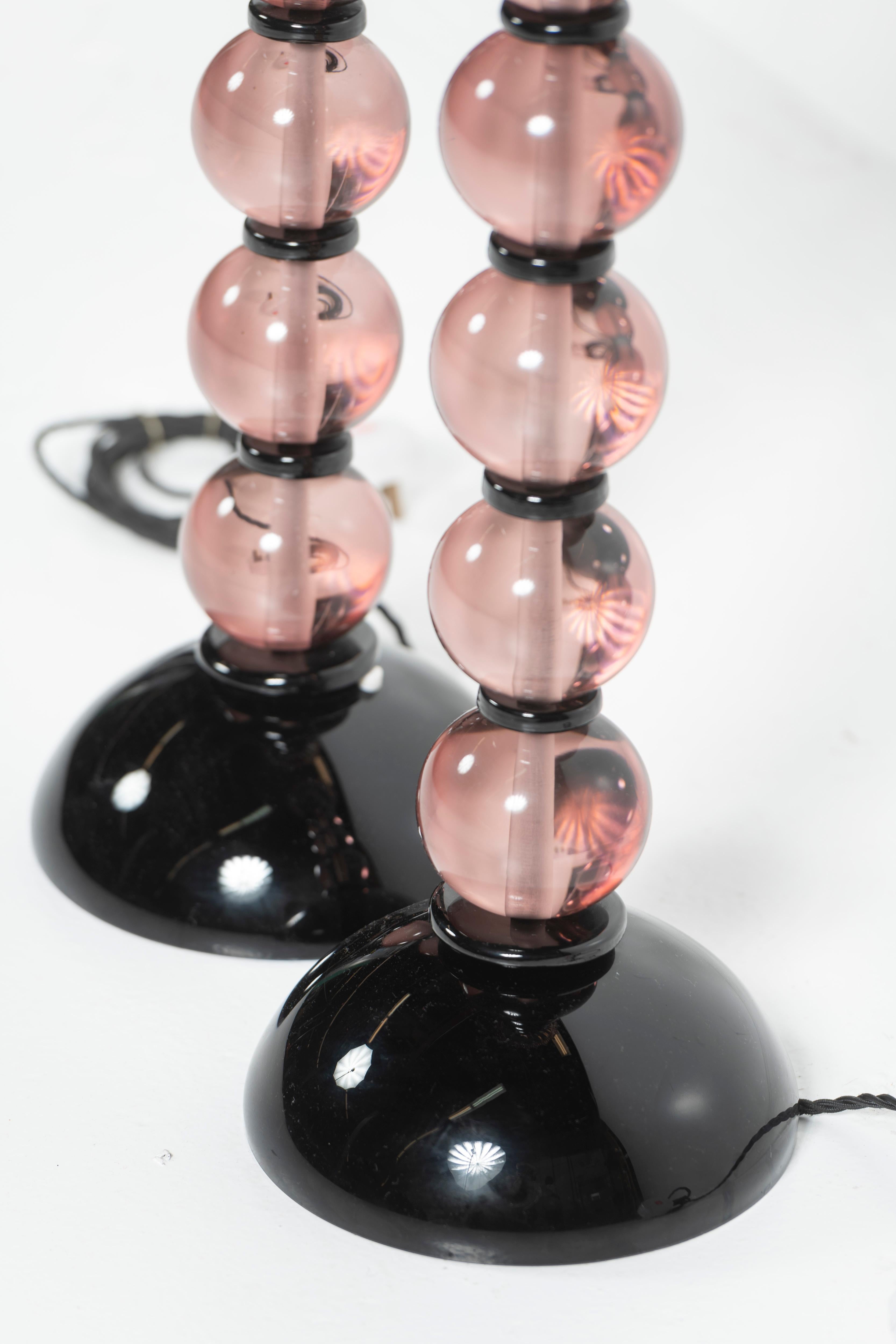 Pair of Tall Vintage Pink and Black Italian Glass Table Lamps For Sale 2