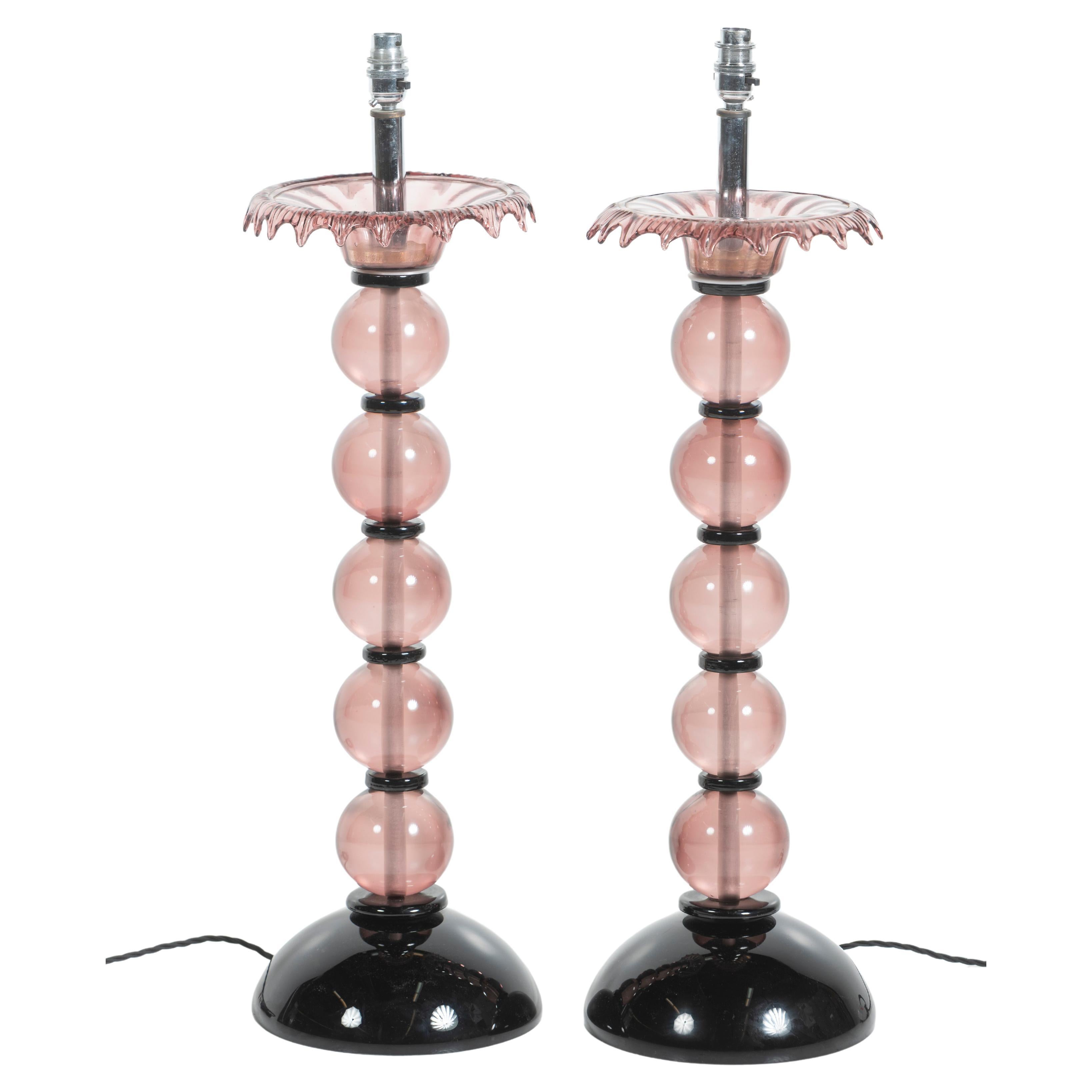 Pair of Tall Vintage Pink and Black Italian Glass Table Lamps For Sale