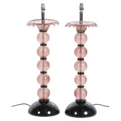 Pair of Tall Vintage Pink and Black Italian Glass Table Lamps