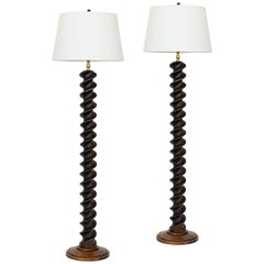 Pair of Tall Vintage Wood "Corkscrew" Buffet Lamps, Canada, circa 1960