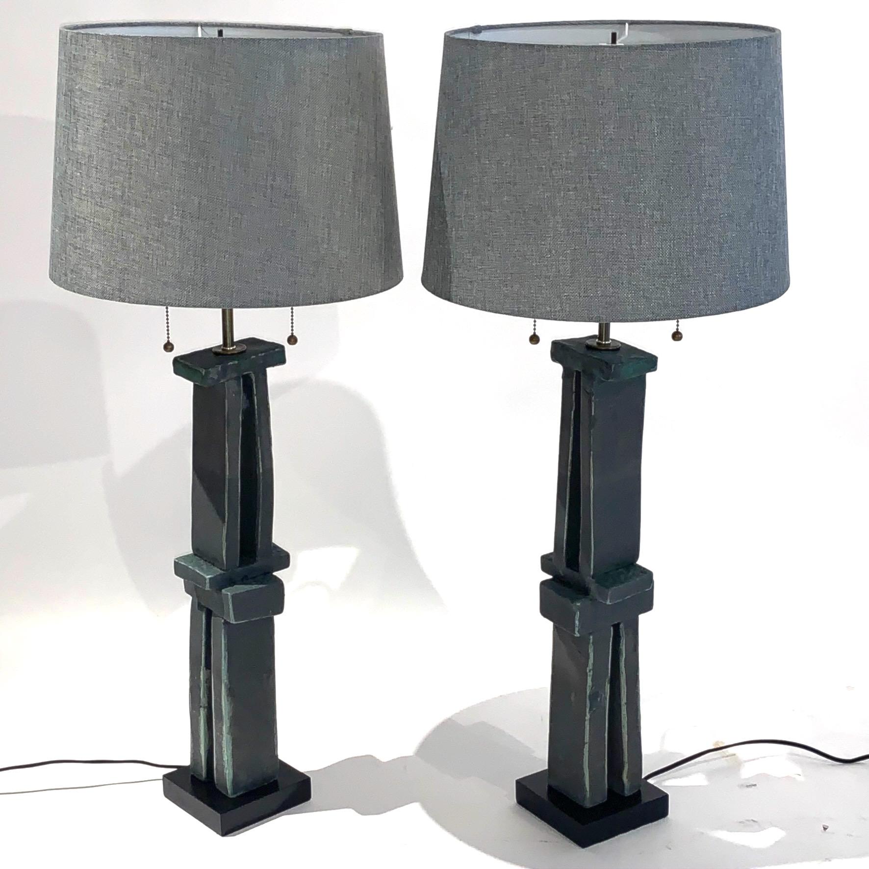 Pair of Tall 'Weathered Bronze' Ceramic Sculpture Lamps by Judy Engel 4