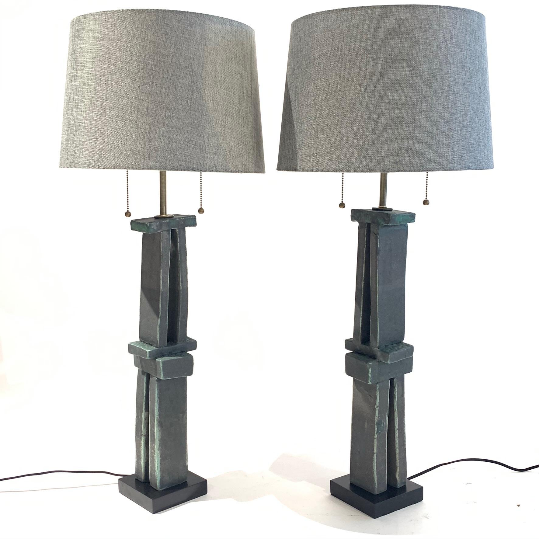 Contemporary Pair of Tall 'Weathered Bronze' Ceramic Sculpture Lamps by Judy Engel