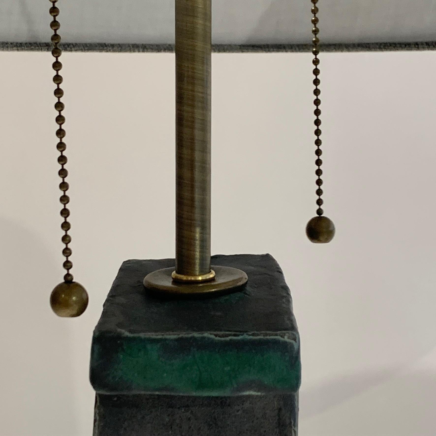 Brass Pair of Tall 'Weathered Bronze' Ceramic Sculpture Lamps by Judy Engel