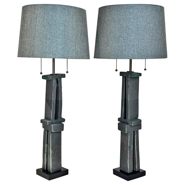 Pair of Tall 'Weathered Bronze' Ceramic Sculpture Lamps by Judy Engel