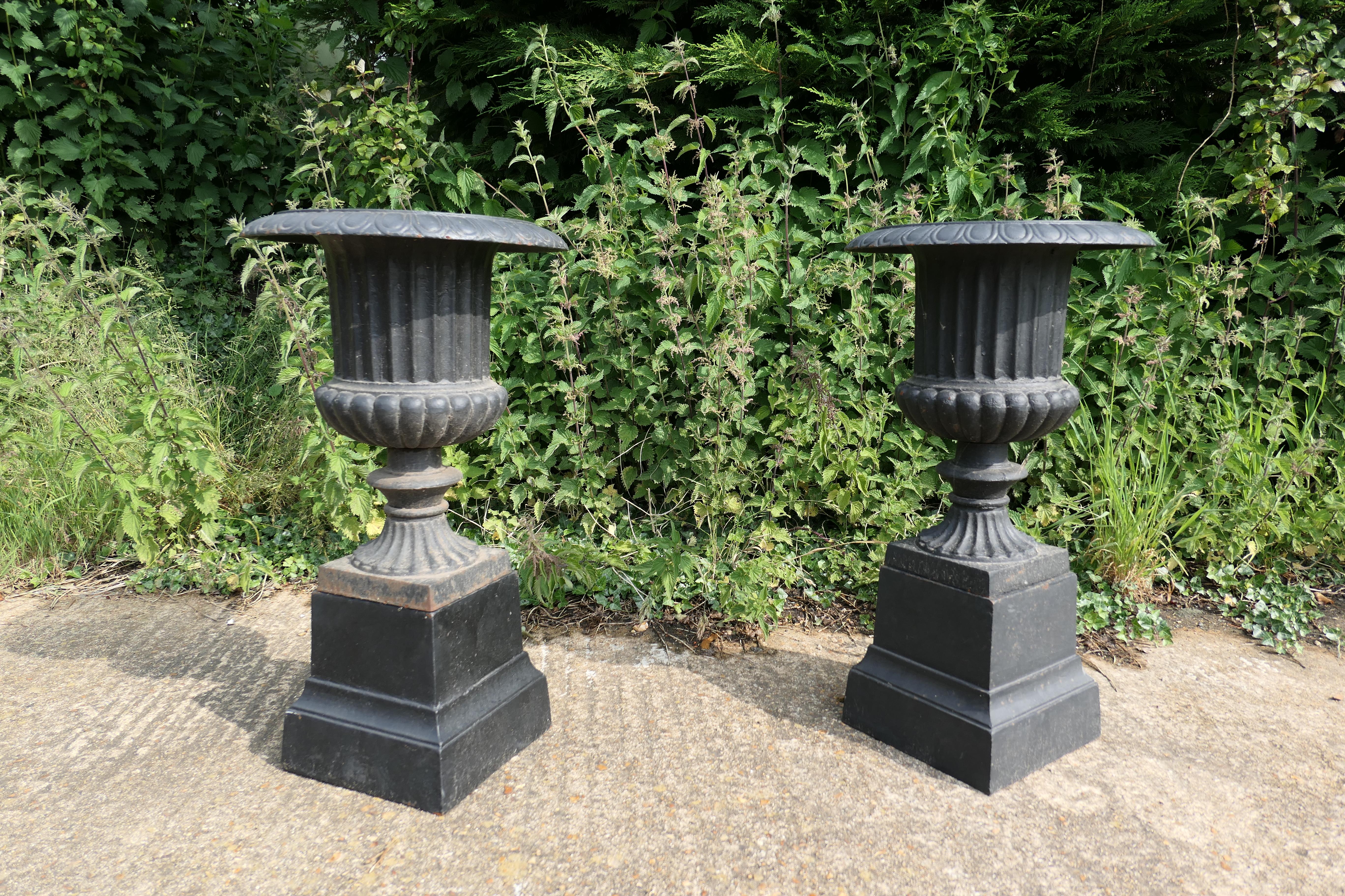 Pair of tall weathered cast iron Urns, garden planters

This is a superb pair of urns on plinths
The urns and stands are in very good weathered condition 
These are heavy pieces needless to say 
The total height of the urns is 29”, 17” in