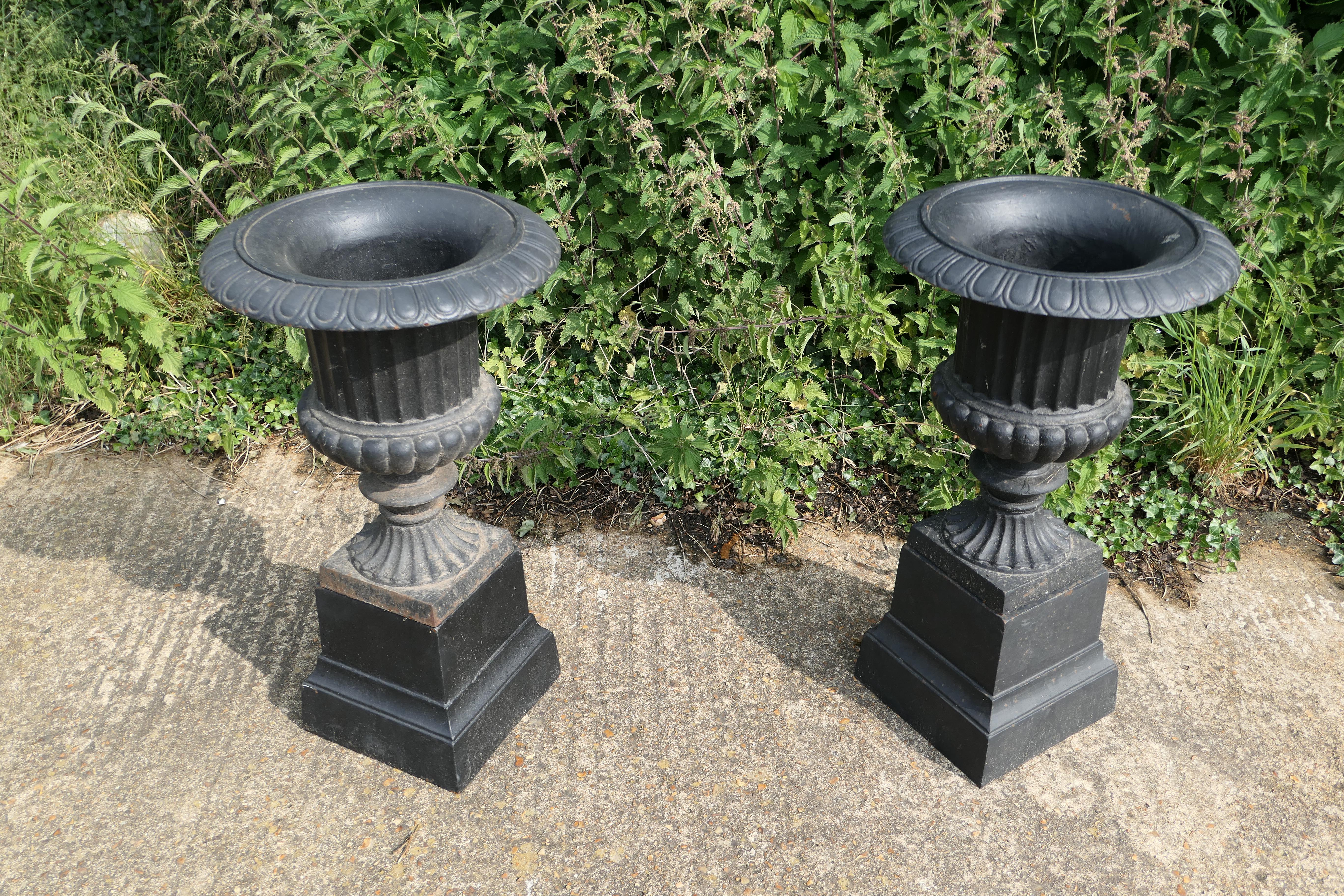 Adam Style Pair of Tall Weathered Cast Iron Urns, Garden Planters