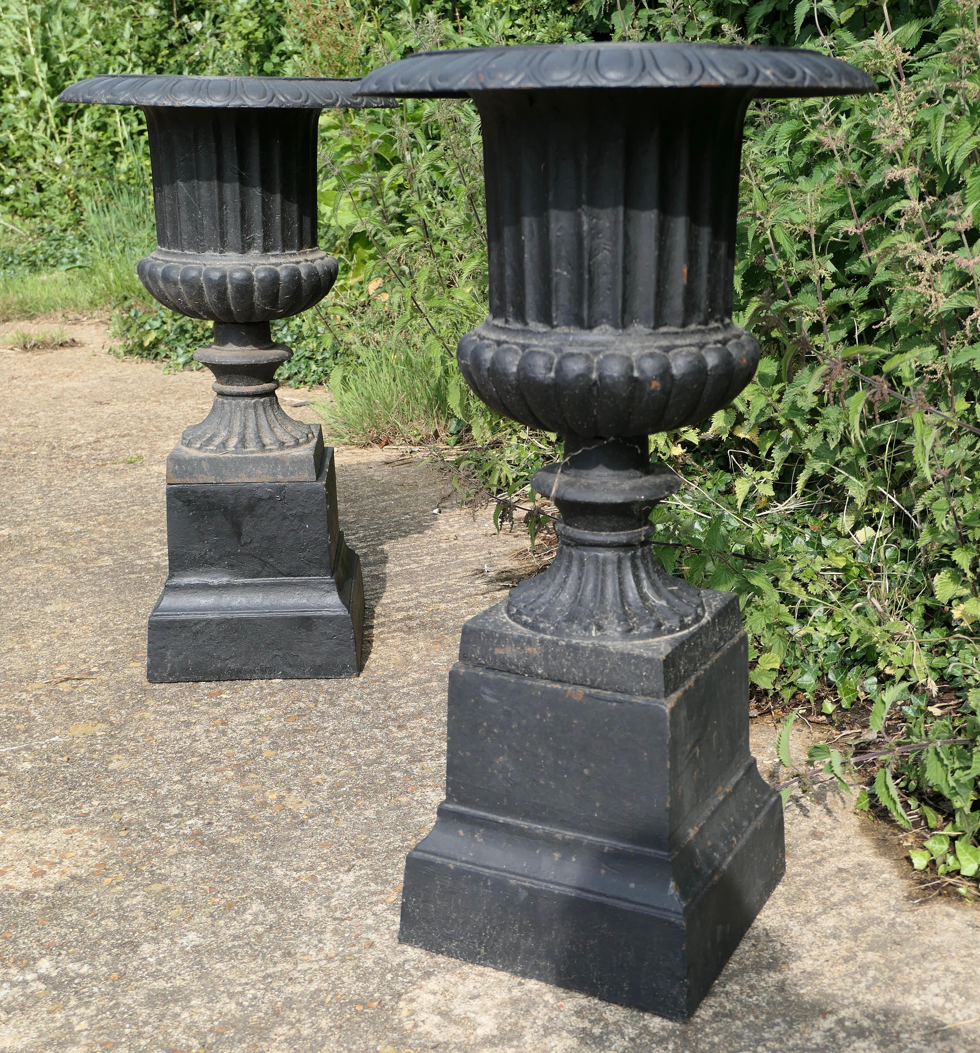 Pair of Tall Weathered Cast Iron Urns, Garden Planters 2