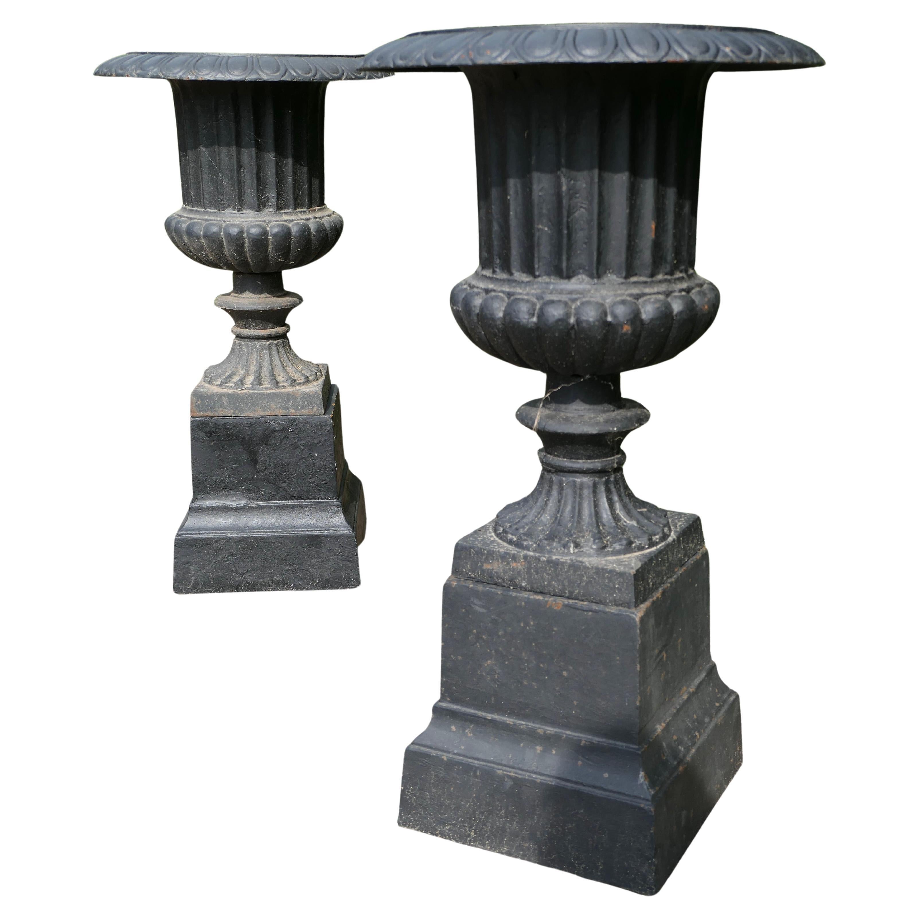 Pair of Tall Weathered Cast Iron Urns, Garden Planters