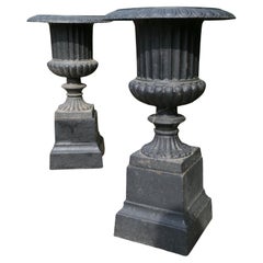 Pair of Tall Weathered Cast Iron Urns, Garden Planters