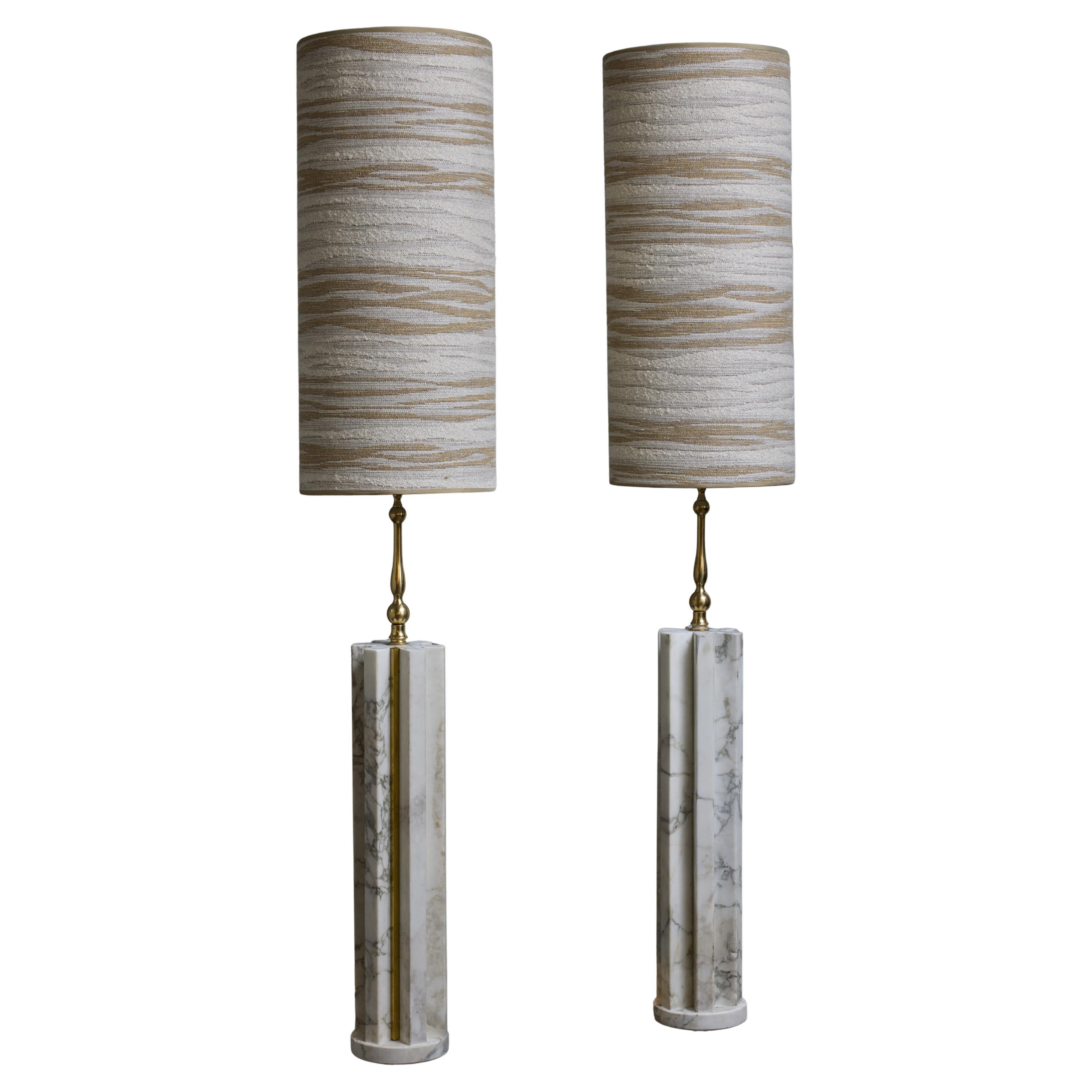 Pair of Tall White Marble Table Lamps