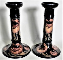 Pair of Tall William Moorcroft Poppy Patterned Art Pottery Candlesticks