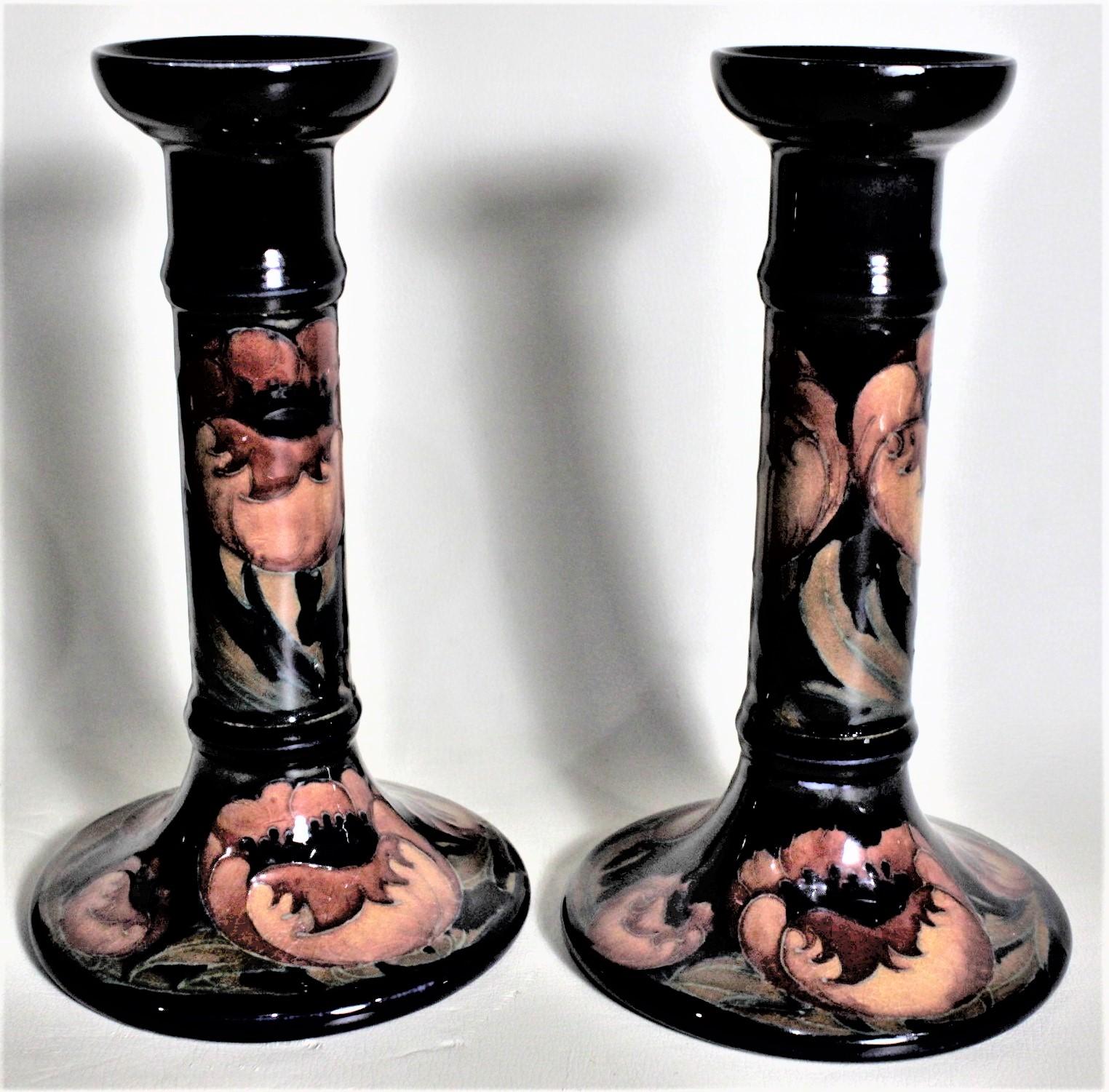 English Pair of Tall William Moorcroft Poppy Patterned Art Pottery Candlesticks