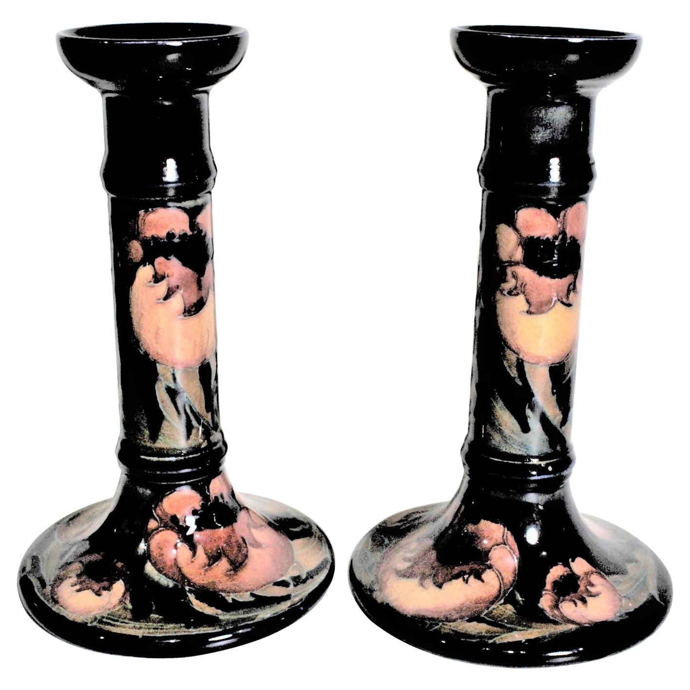 Pair of Tall William Moorcroft Poppy Patterned Art Pottery Candlesticks