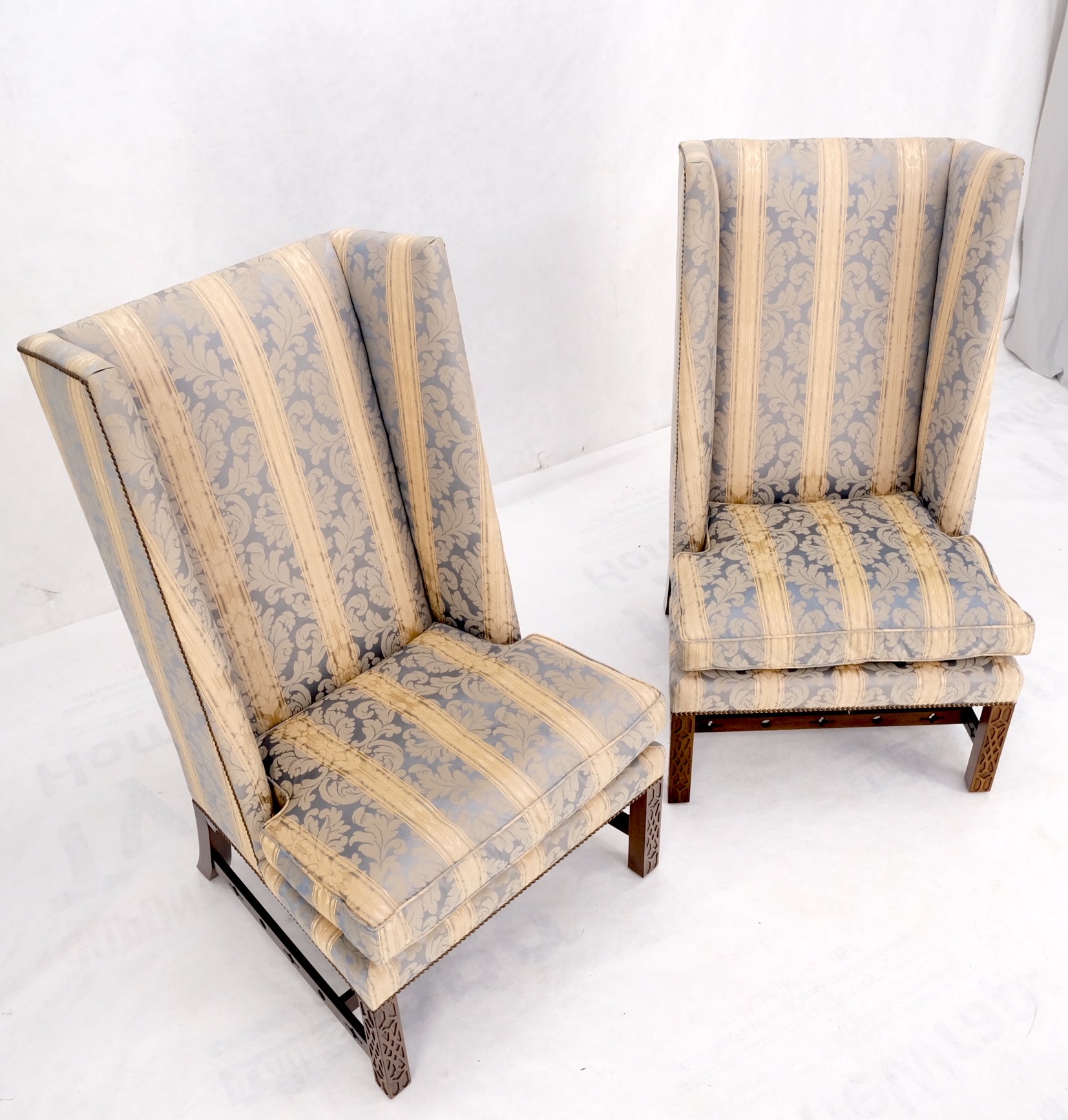 Pair of tall wing back upholstered lounge chairs by Baker MINT!.