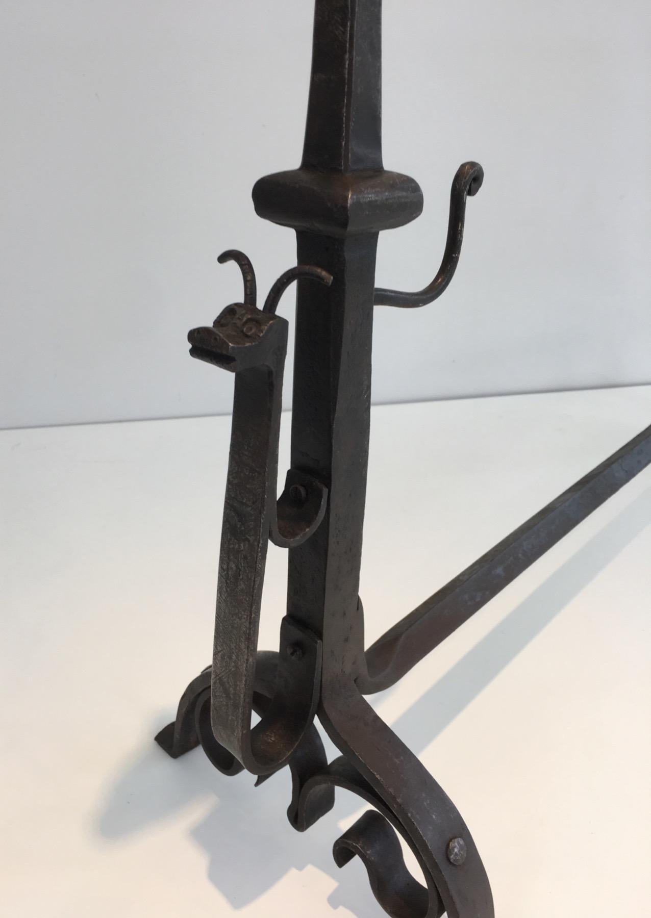 Pair of Tall Wrought Iron Andirons showing a Snail For Sale 5