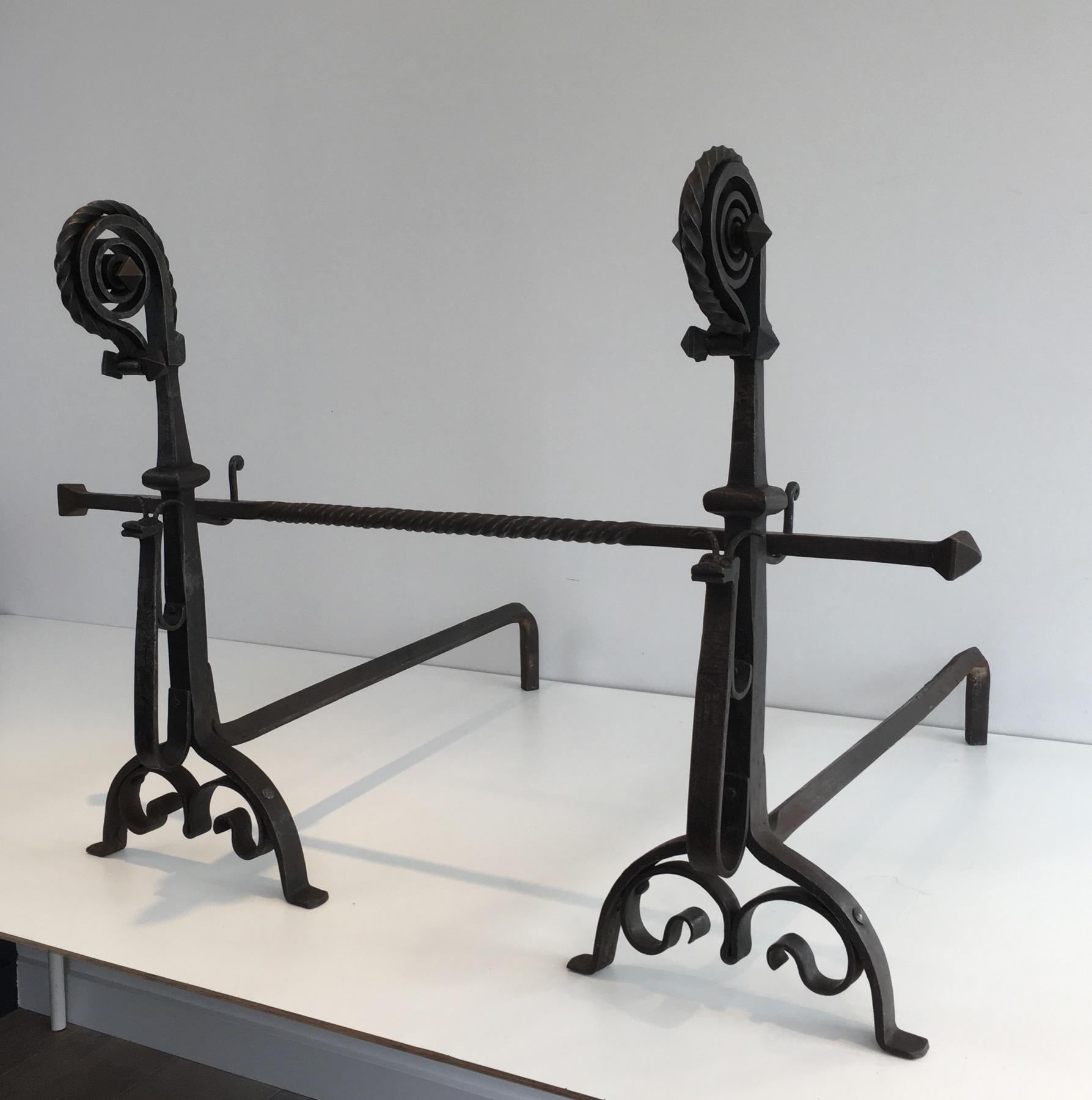 Pair of Tall Wrought Iron Andirons showing a Snail For Sale 6