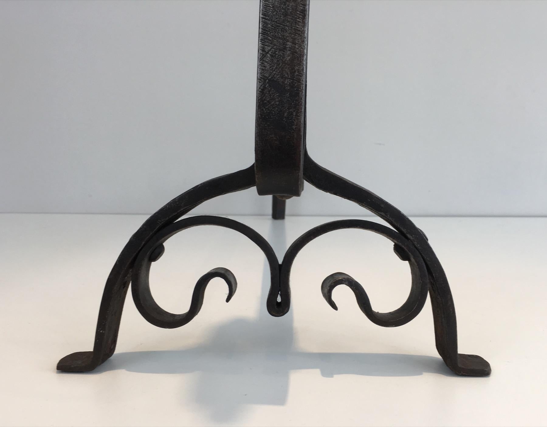 Pair of Tall Wrought Iron Andirons showing a Snail For Sale 12
