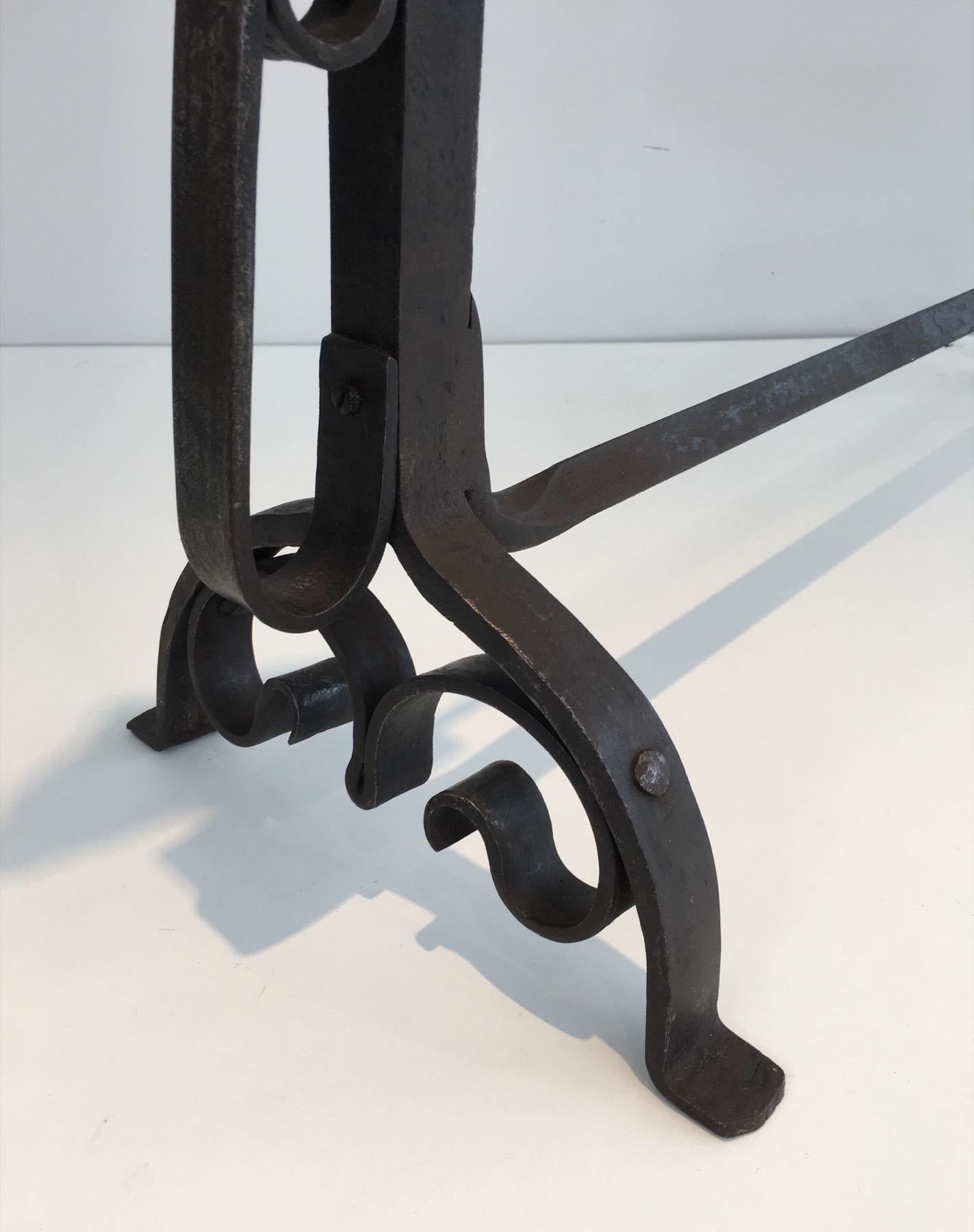 Pair of Tall Wrought Iron Andirons showing a Snail For Sale 13