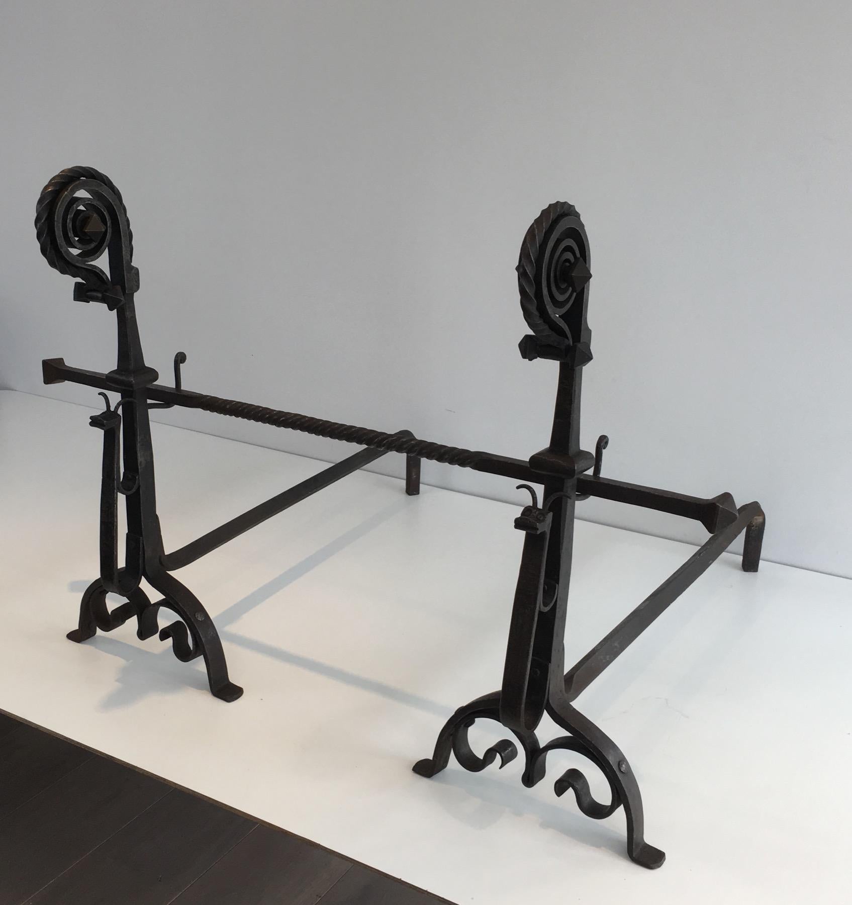 Pair of Tall Wrought Iron Andirons showing a Snail For Sale 14