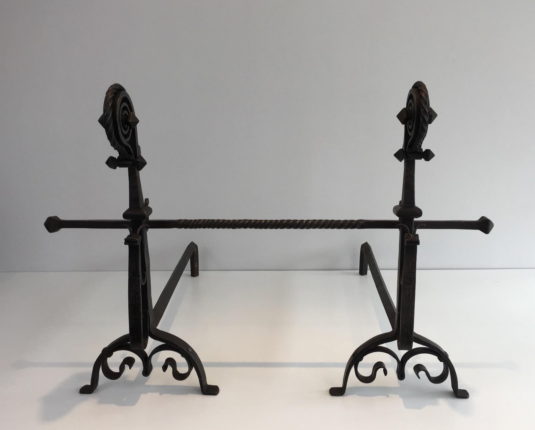 French Pair of Tall Wrought Iron Andirons showing a Snail For Sale