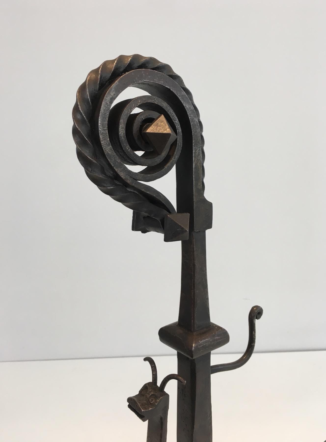 Pair of Tall Wrought Iron Andirons showing a Snail For Sale 1