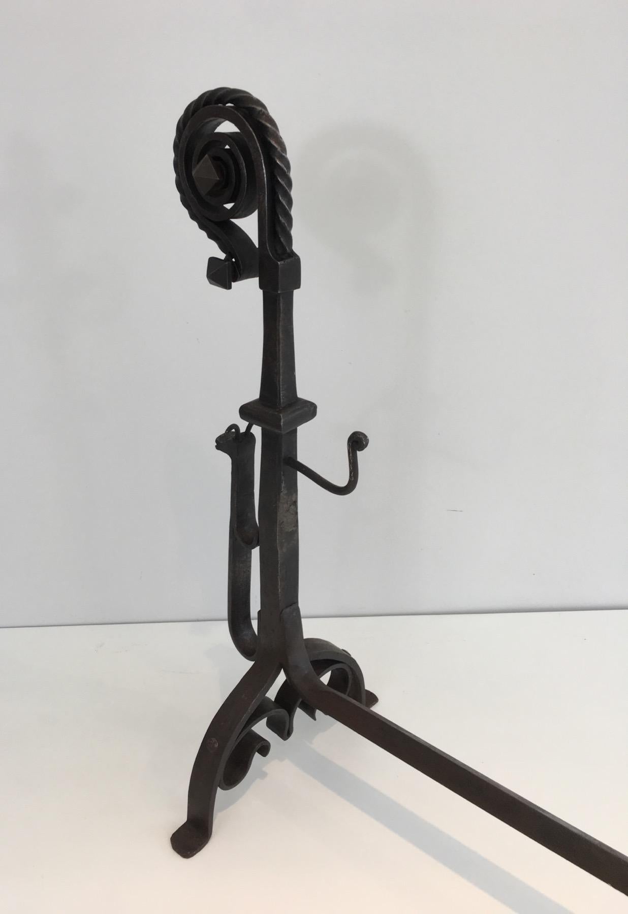 Pair of Tall Wrought Iron Andirons showing a Snail For Sale 3