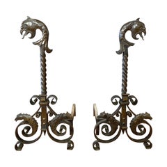 Pair of Tall Wrought Iron Andirons with Parrot and Chameleon Motif, Circa 1880